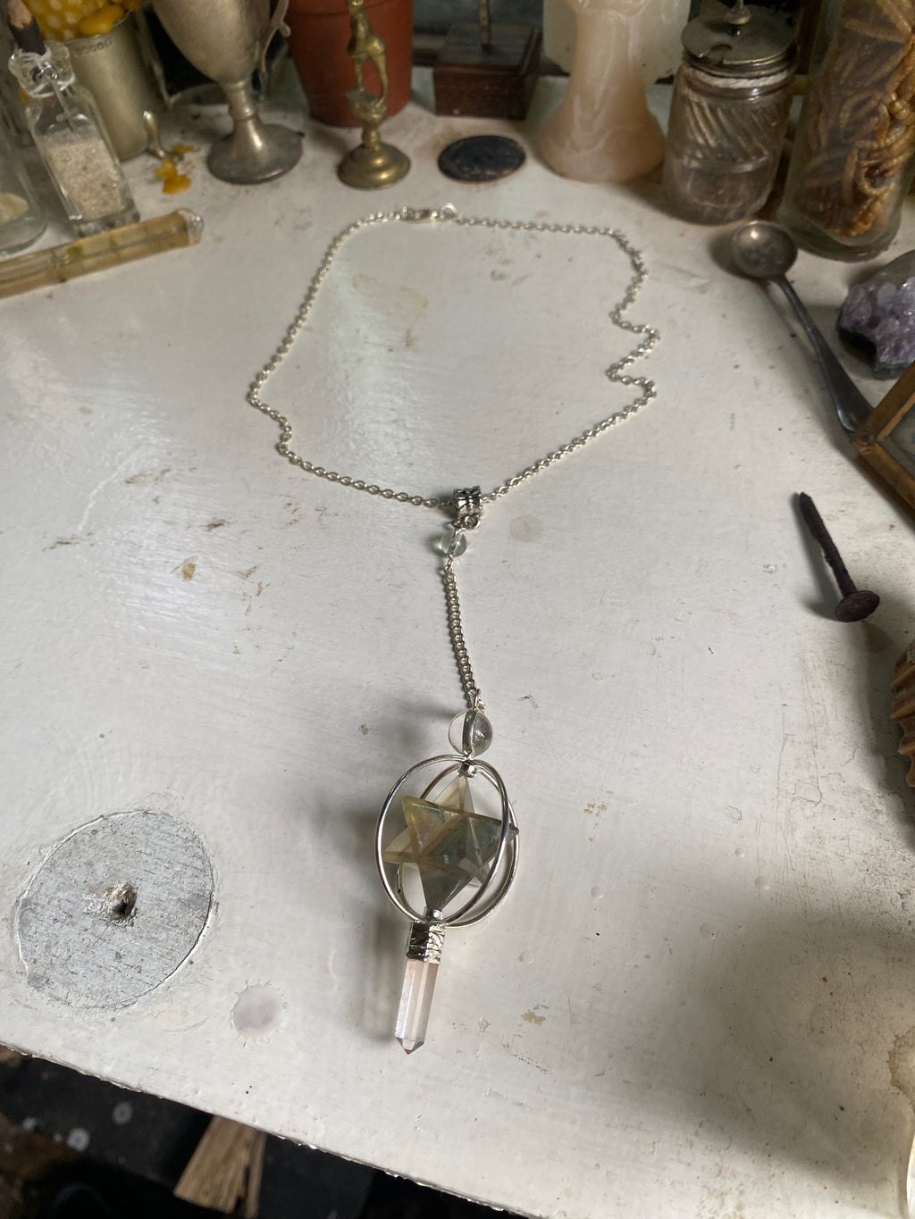 Moss Agate Pendulum Necklace with Quartz image 0