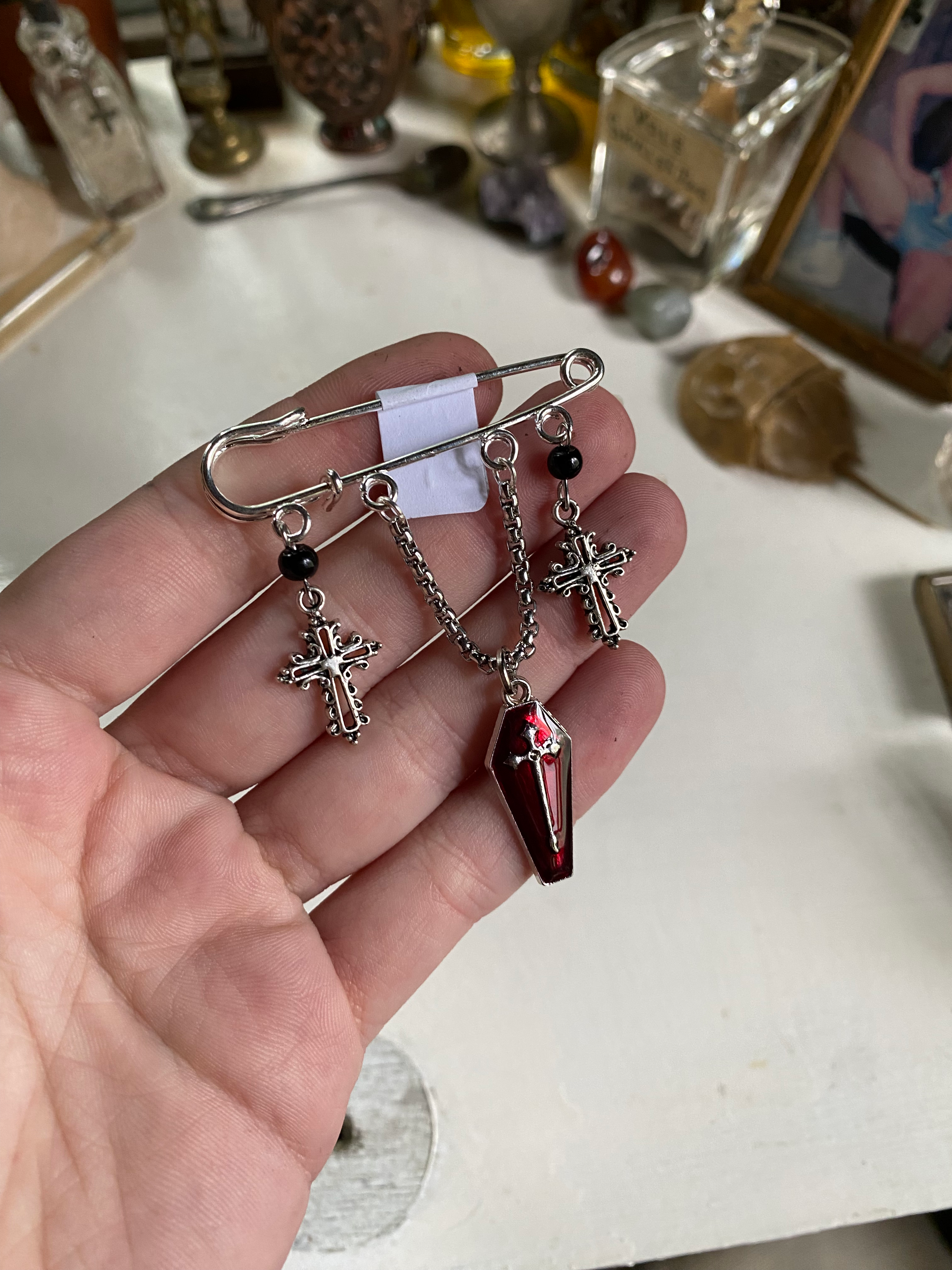 Coffin Charm and Crosses Safety Pin Broche image 1