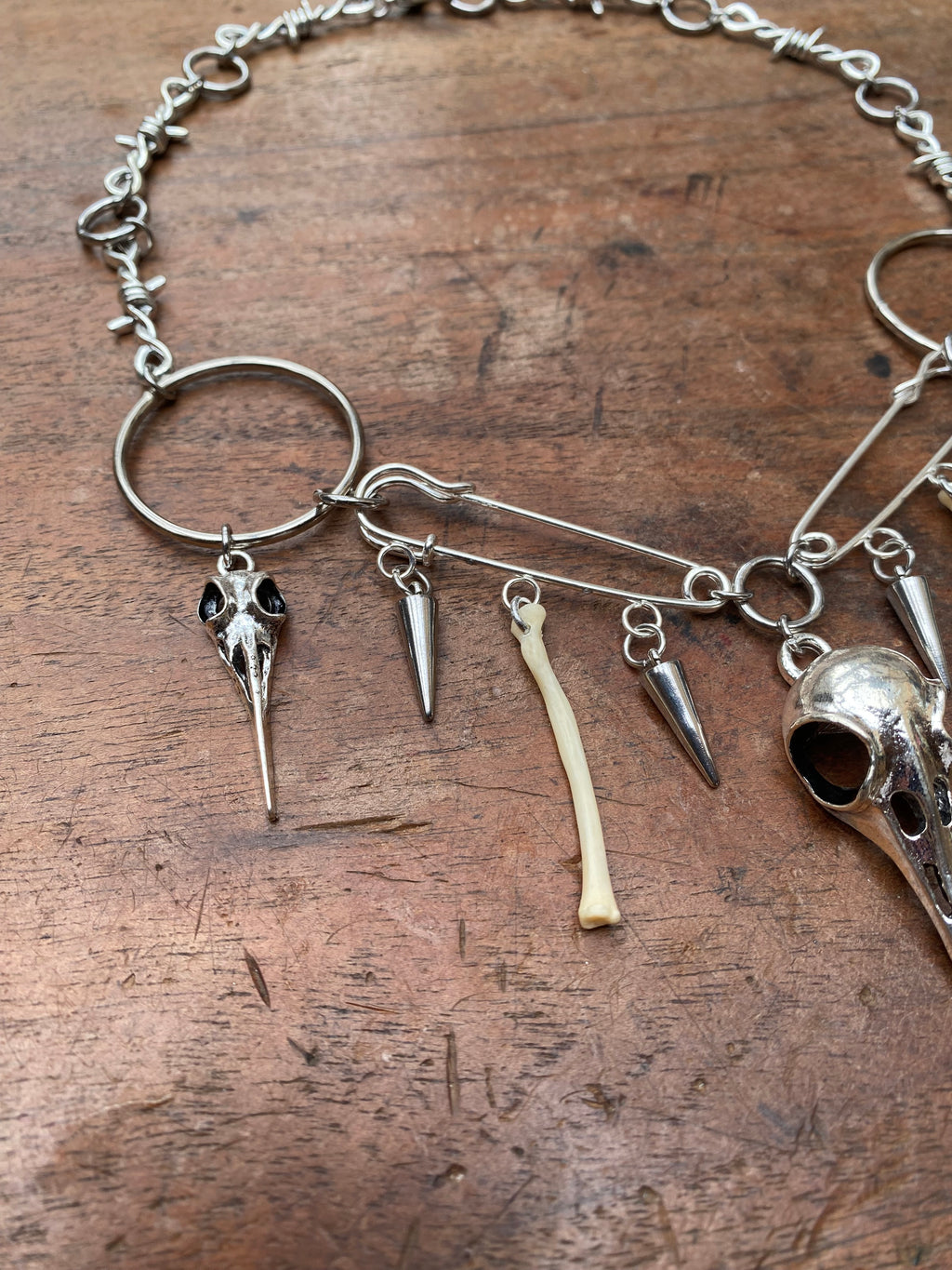Crow Skulls, Safety Pins and Bones Necklace
