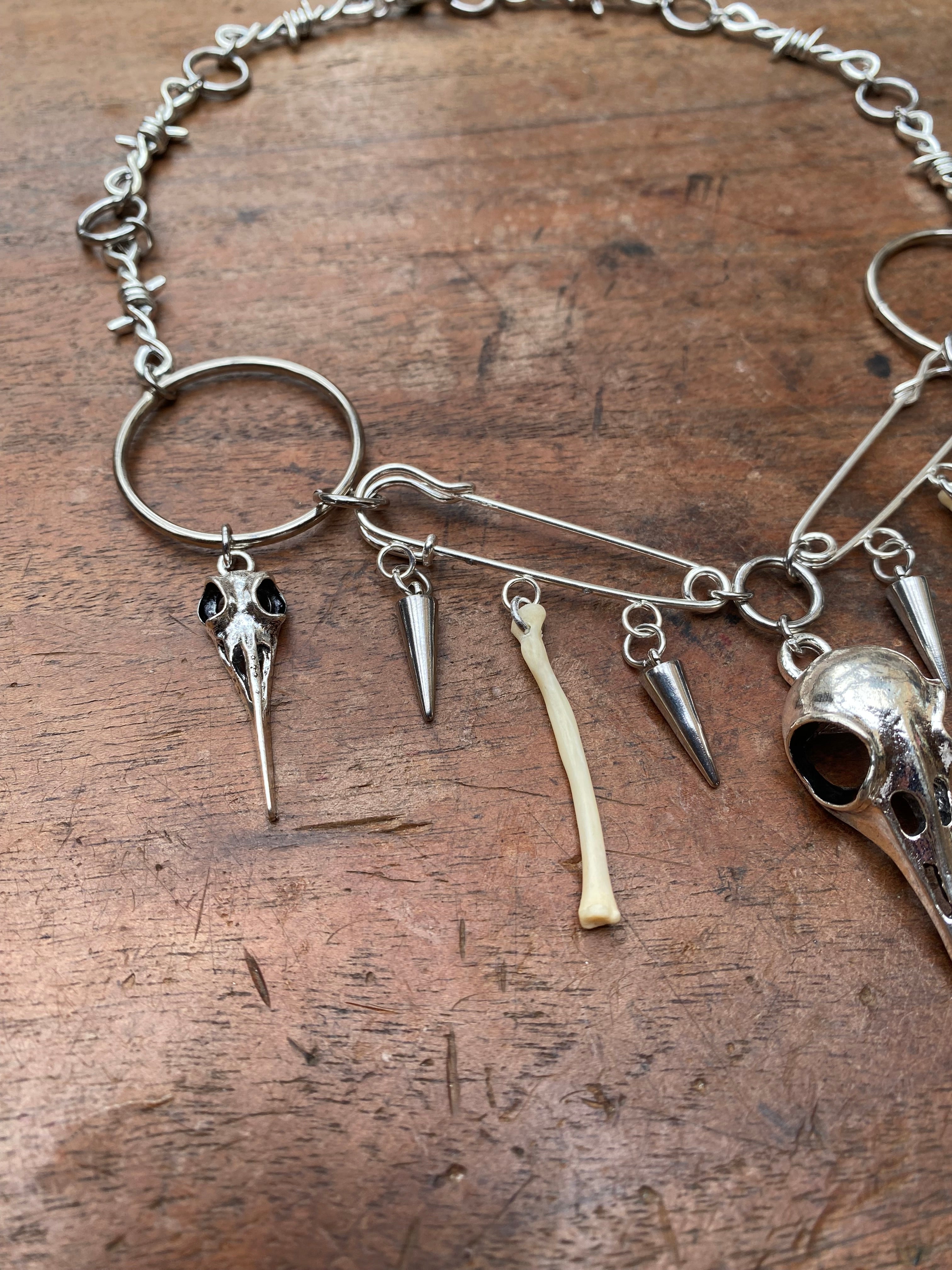 Crow Skulls, Safety Pins and Bones Necklace