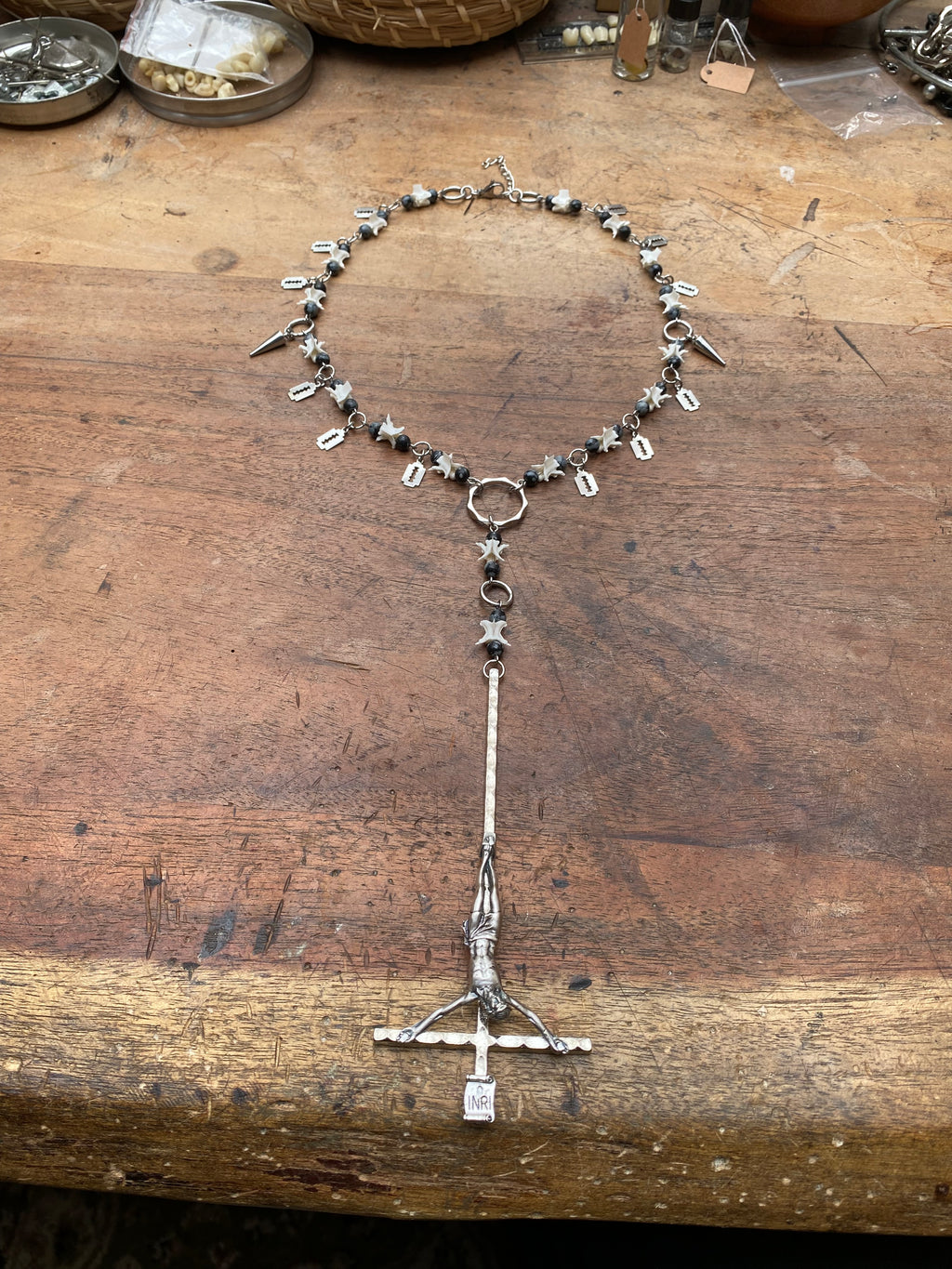 Inverted Crucifix, Snake Vertibrae and Obsidian Rosary Necklace