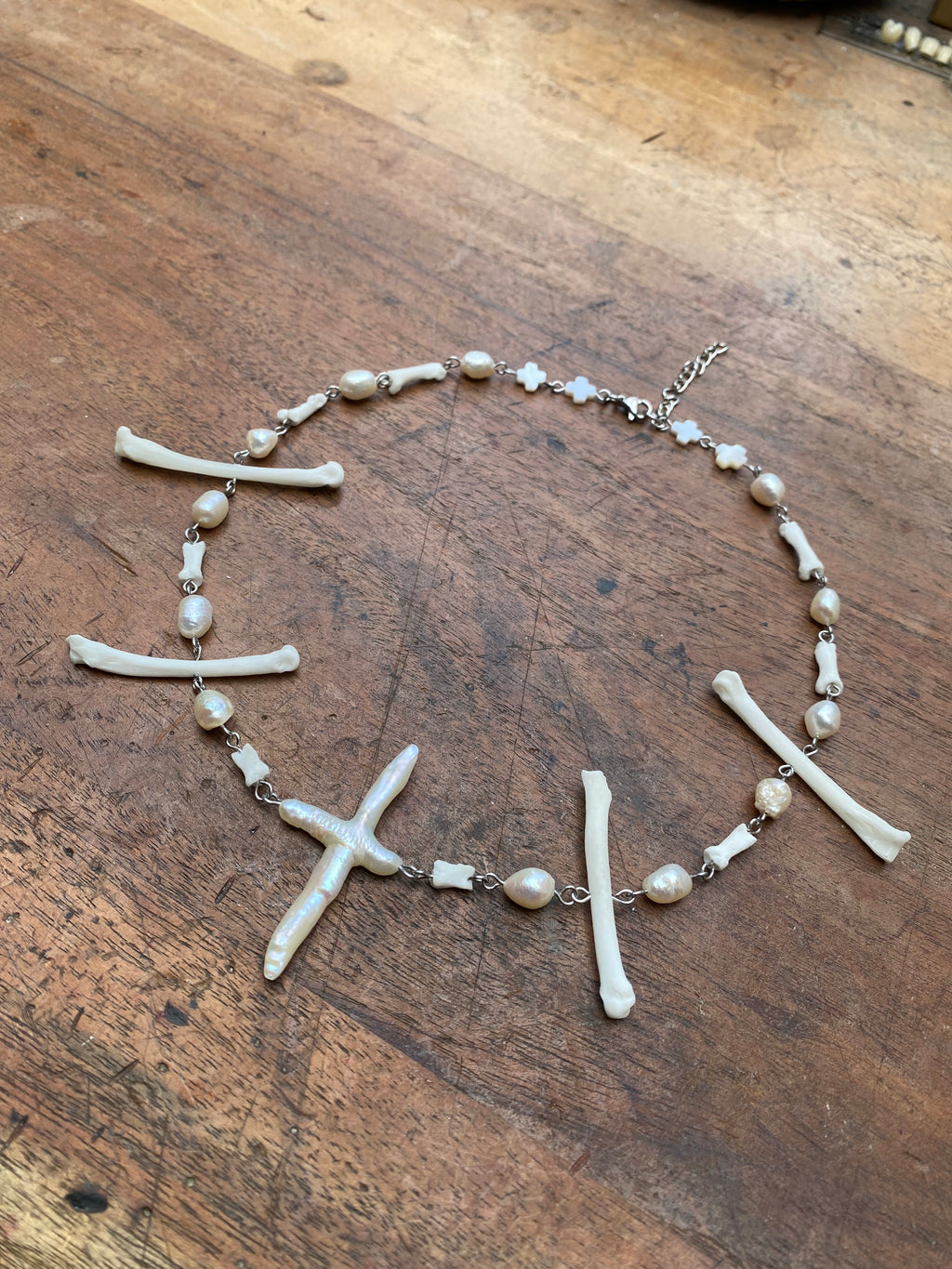 Cross Pearl and Fox Toe/Paw Bones Necklace