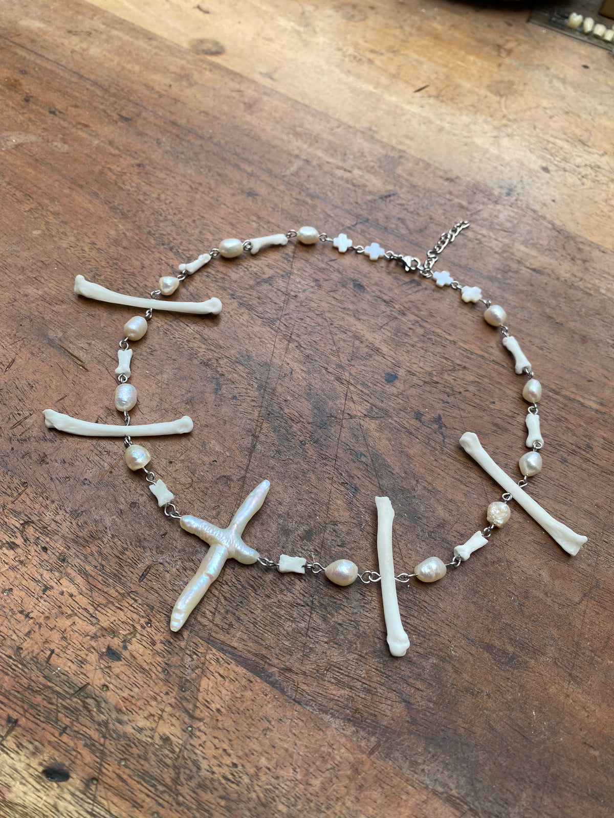 Cross Pearl and Fox Toe/Paw Bones Necklace