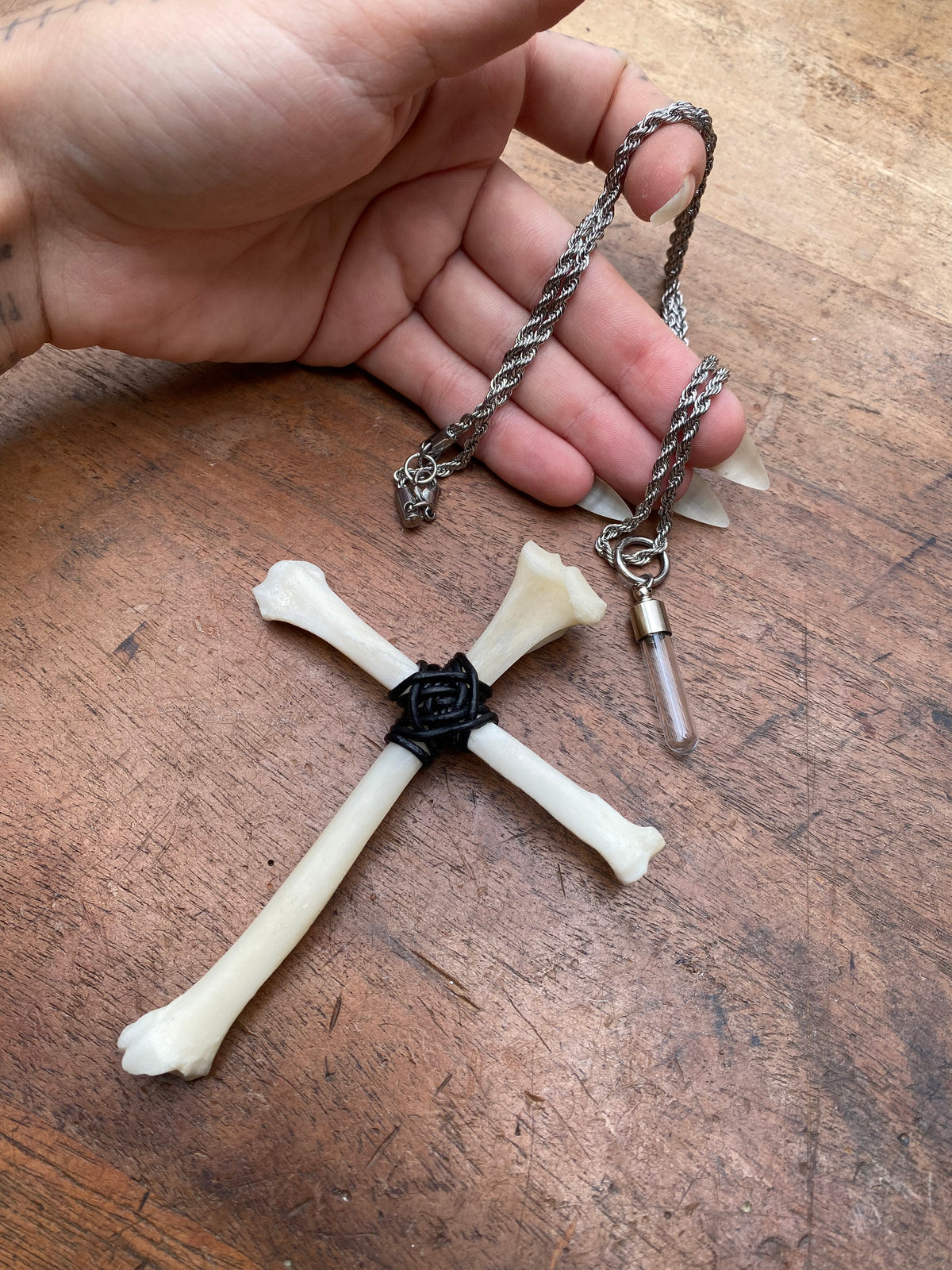 Fox Bone Cross with Secret Glass Vial Stainless Steel Necklace