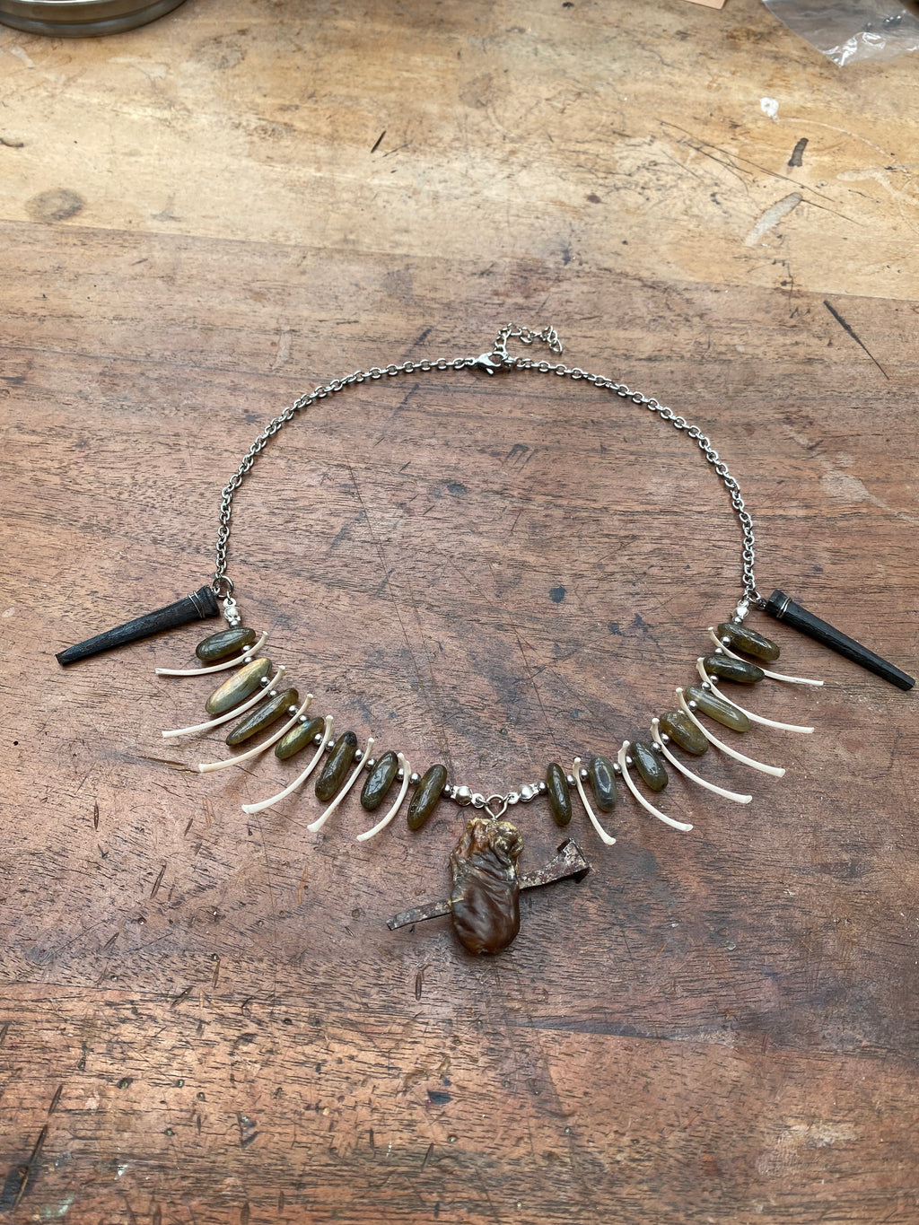 Pierced Mummified Crow Heart, Ribs Coffin Nails and Labradorite Necklace
