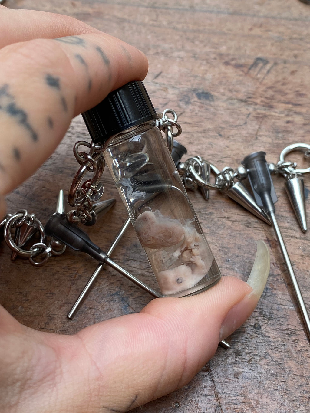 Fetal Rabbit Wet Specimen and Syringe Needles Necklace