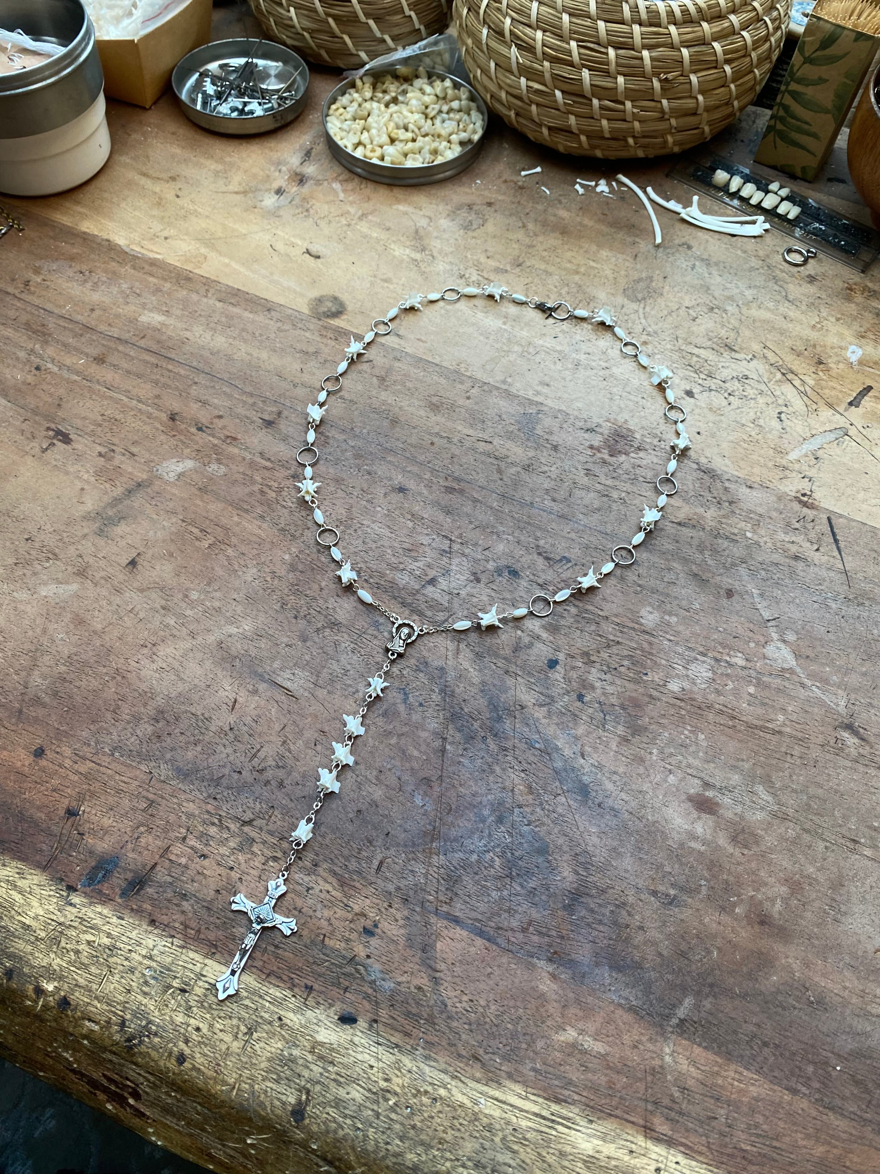 Snake Vertebrae and Mother of Pearl Rosary Necklace