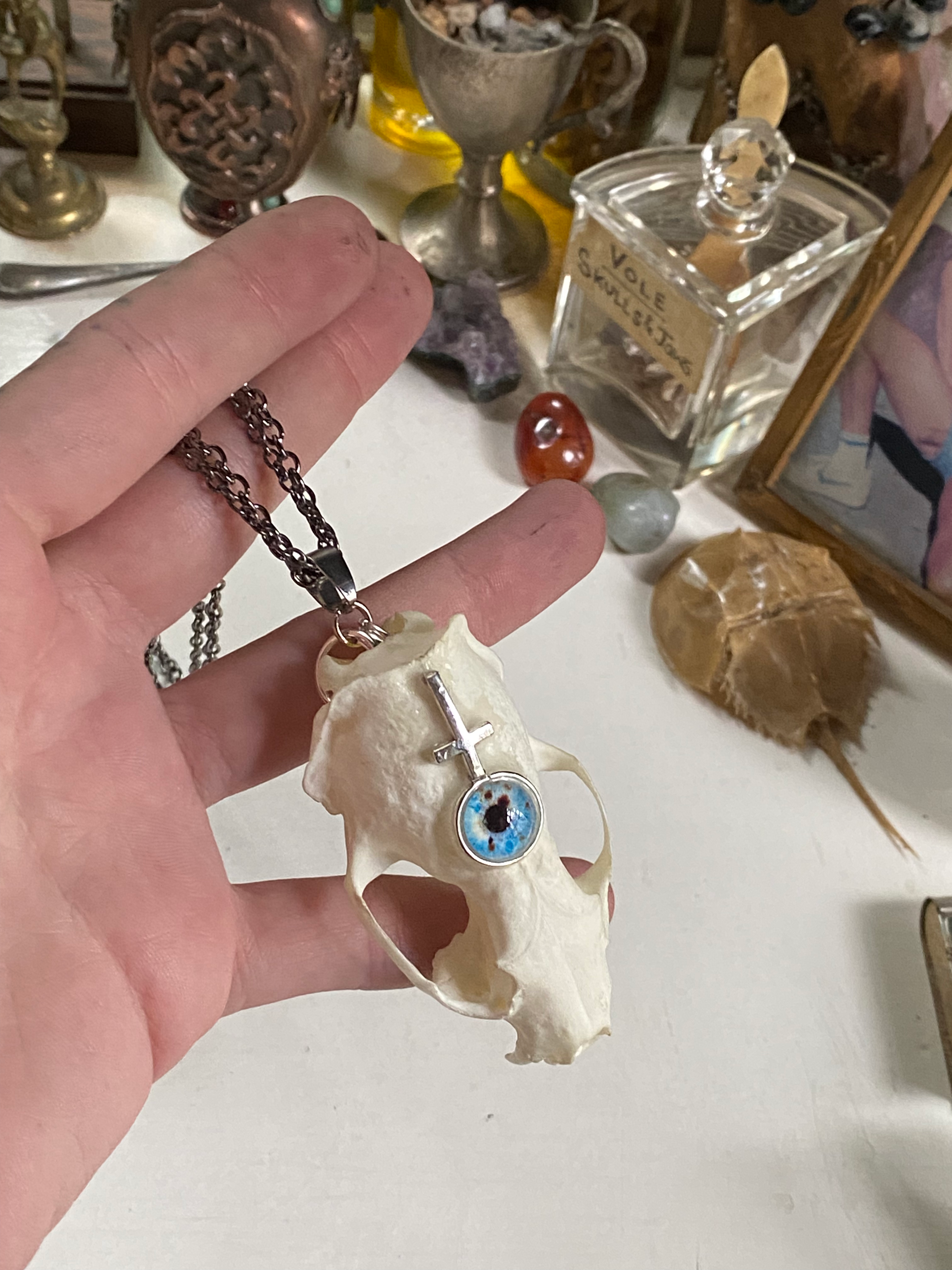 Mink Skull with Inverted Cross and Eye Necklace image 4