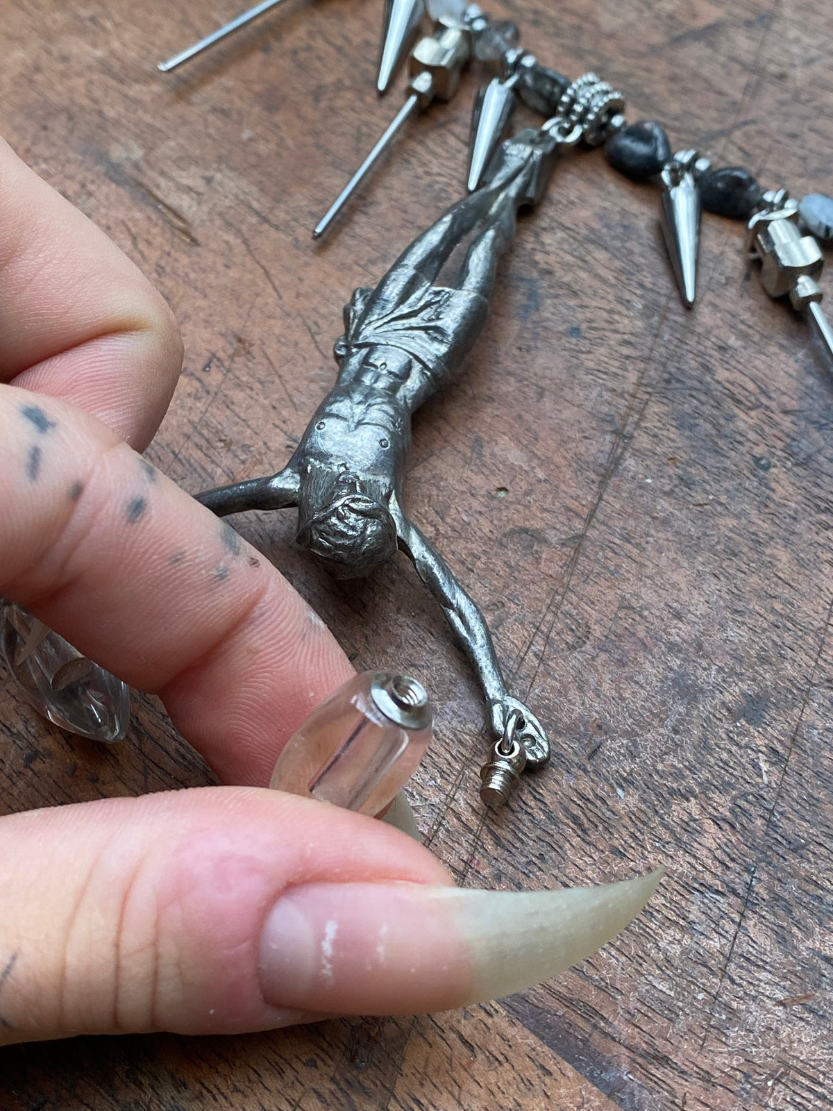 Inverted Corpus Christi, Openable Glass Vials and Ritulated Quartz Necklace