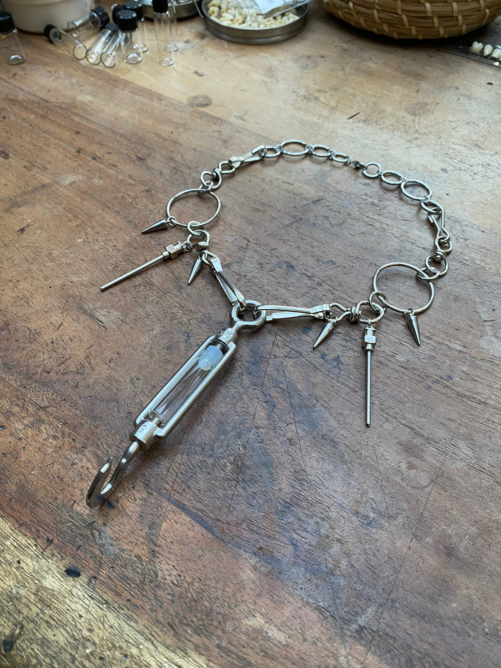 Stainless Steel Mechanical Hook, Syringe Needles and Glass Vial Necklace