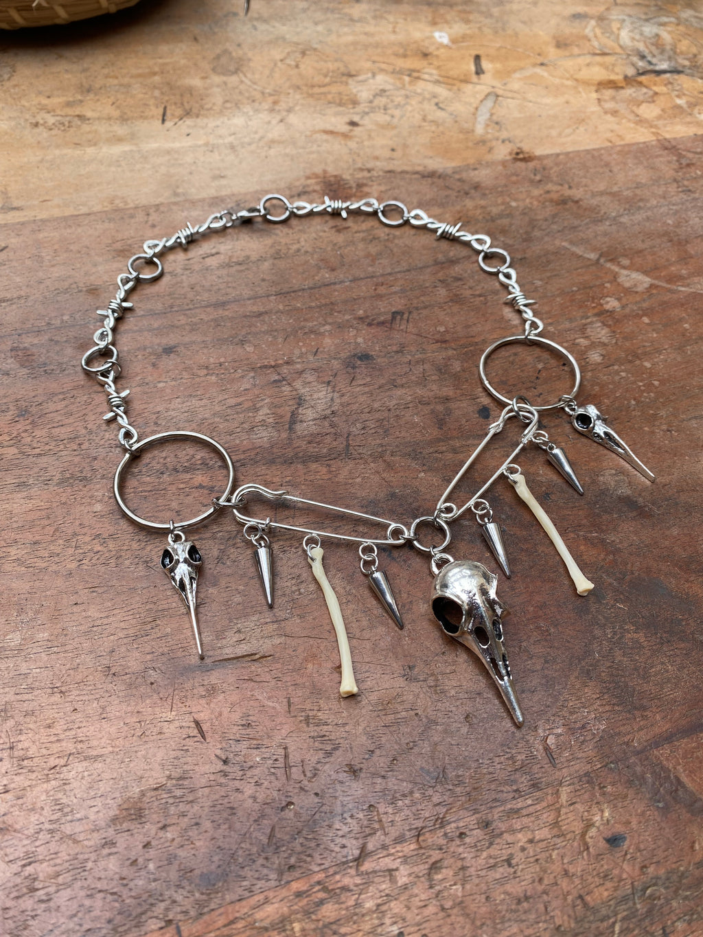 Crow Skulls, Safety Pins and Bones Necklace