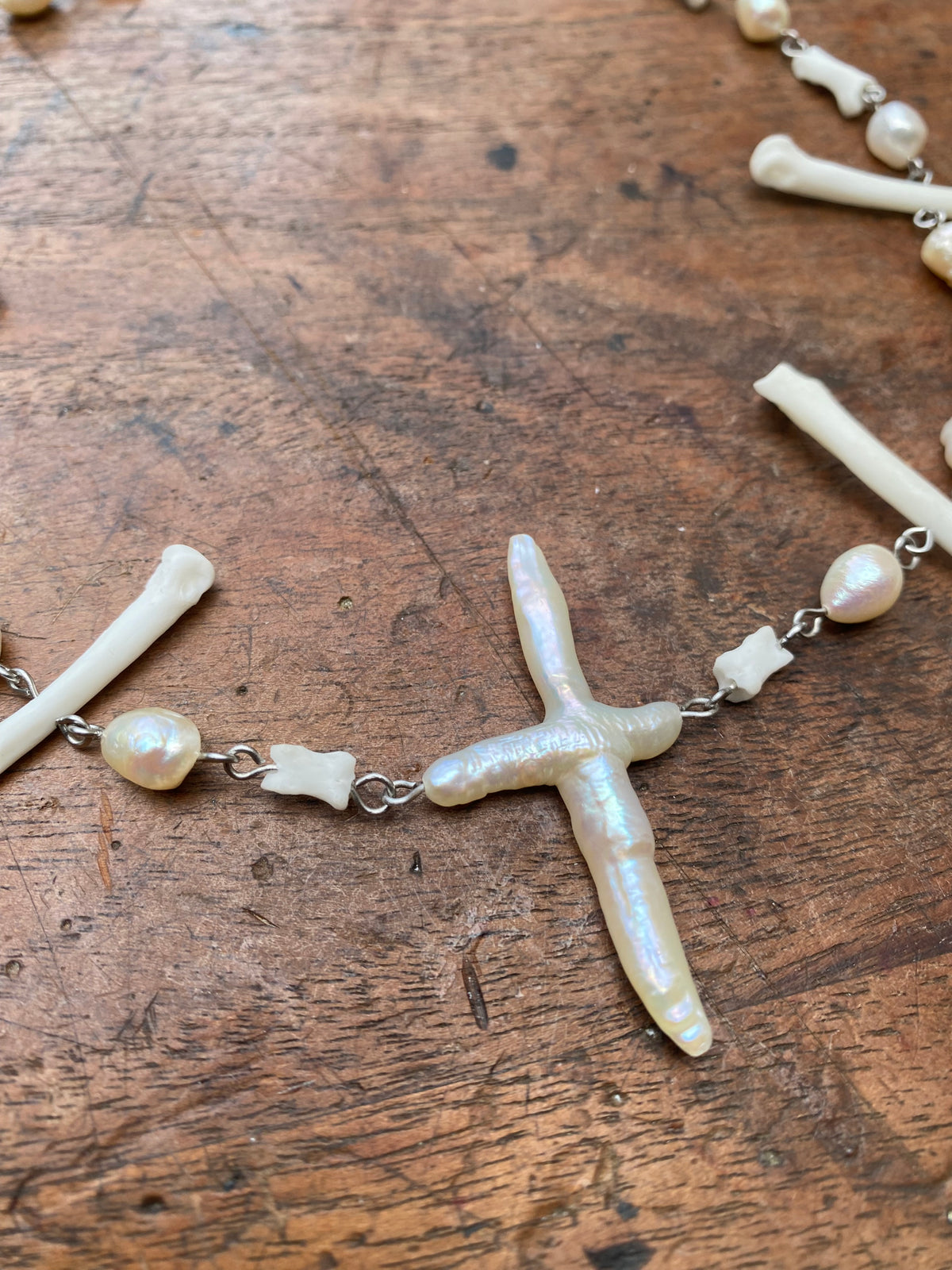 Cross Pearl and Fox Toe/Paw Bones Necklace