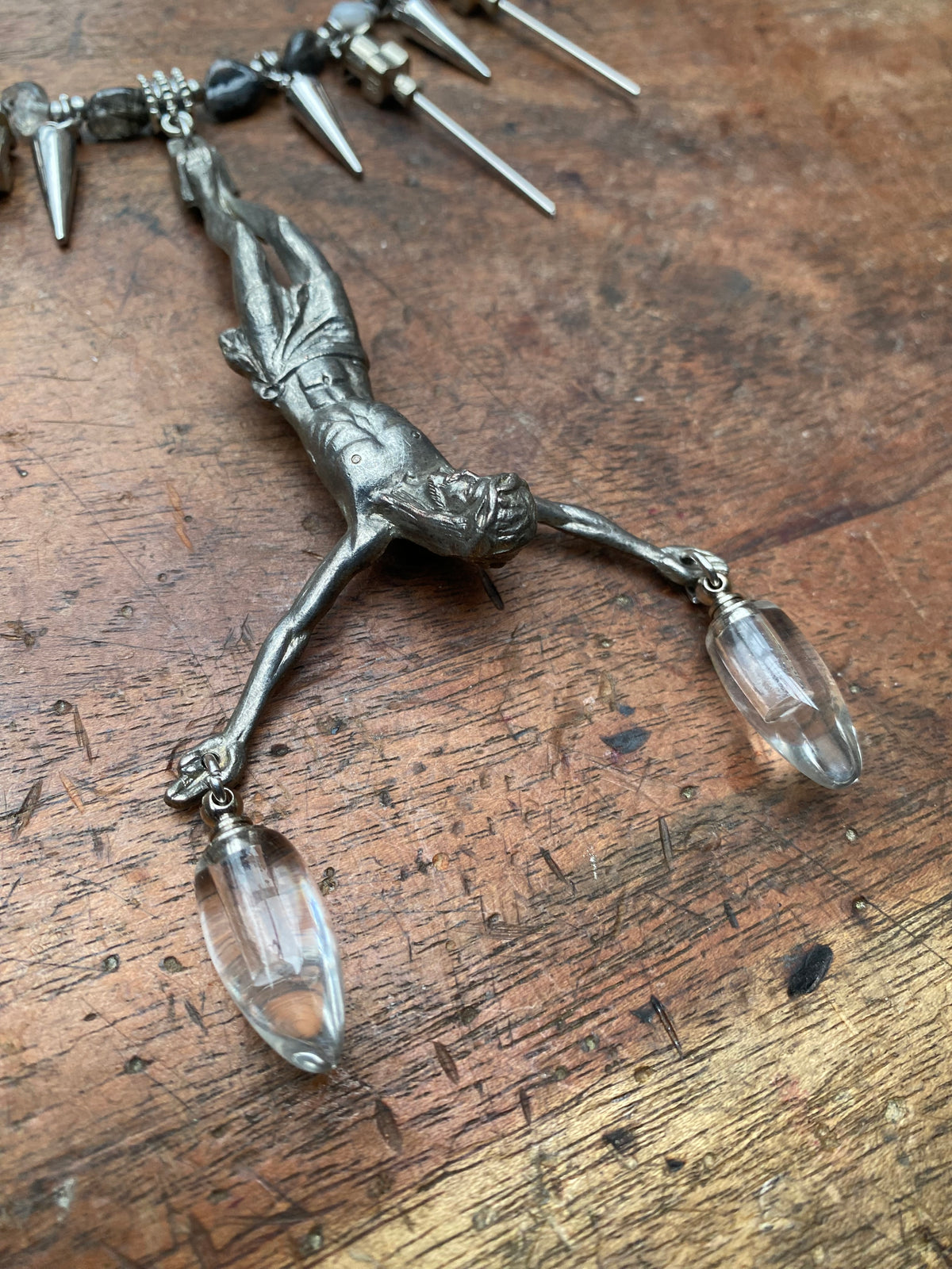Inverted Corpus Christi, Openable Glass Vials and Ritulated Quartz Necklace