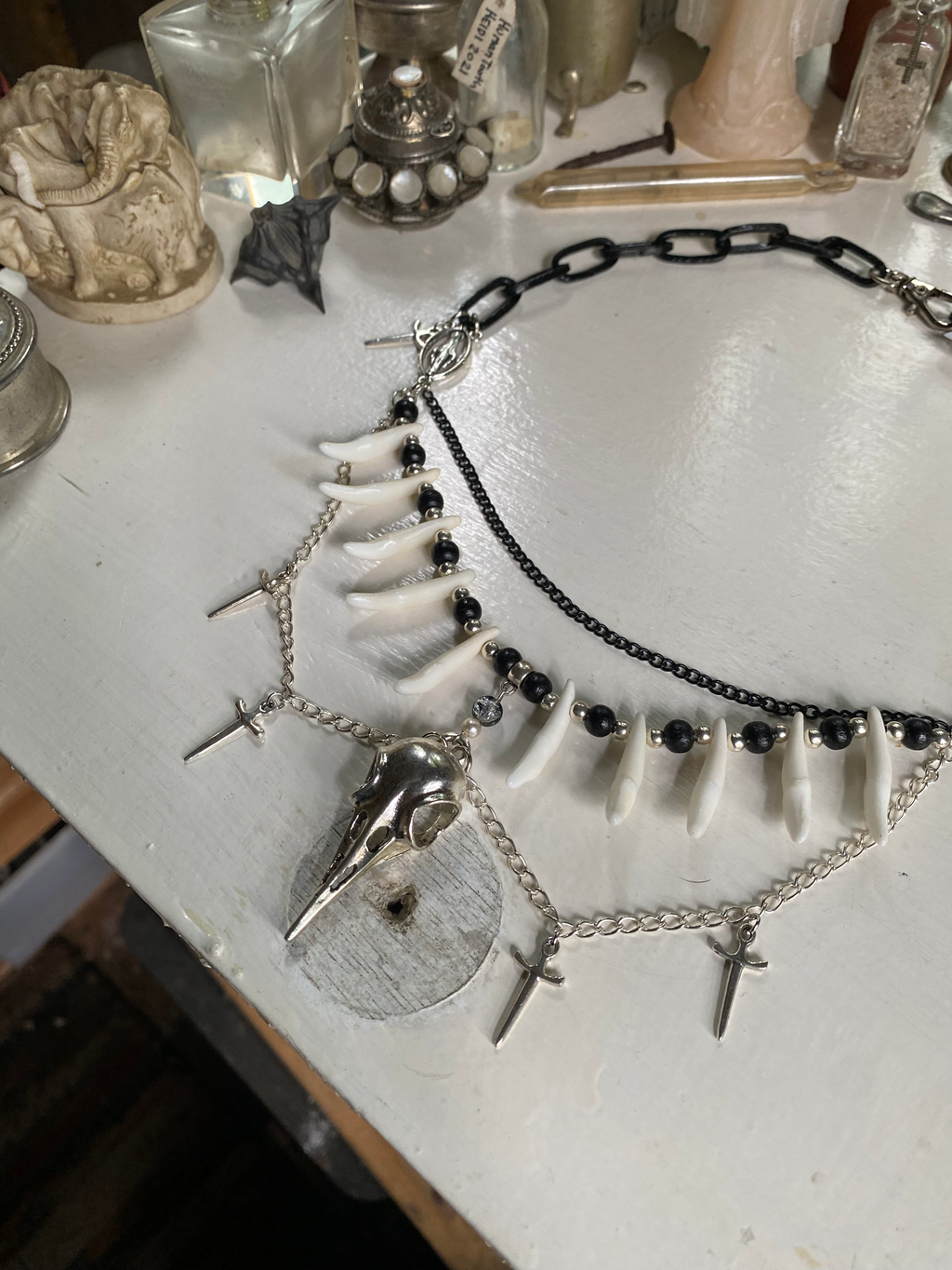 Coyote Teeth, Bird Skull and Chunky Black Chain image 2