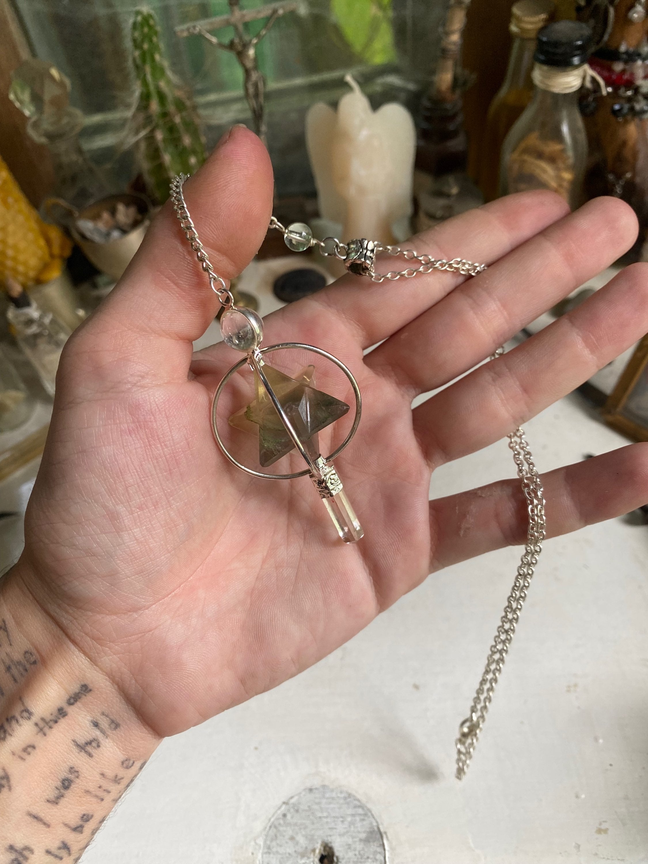 Moss Agate Pendulum Necklace with Quartz image 3