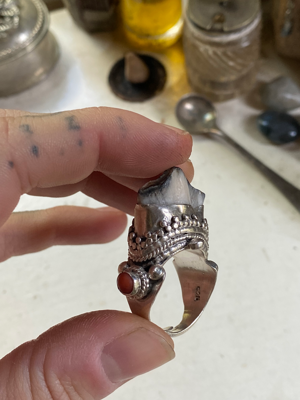 Fossilised Tooth and Sterling Silver Ring image 0