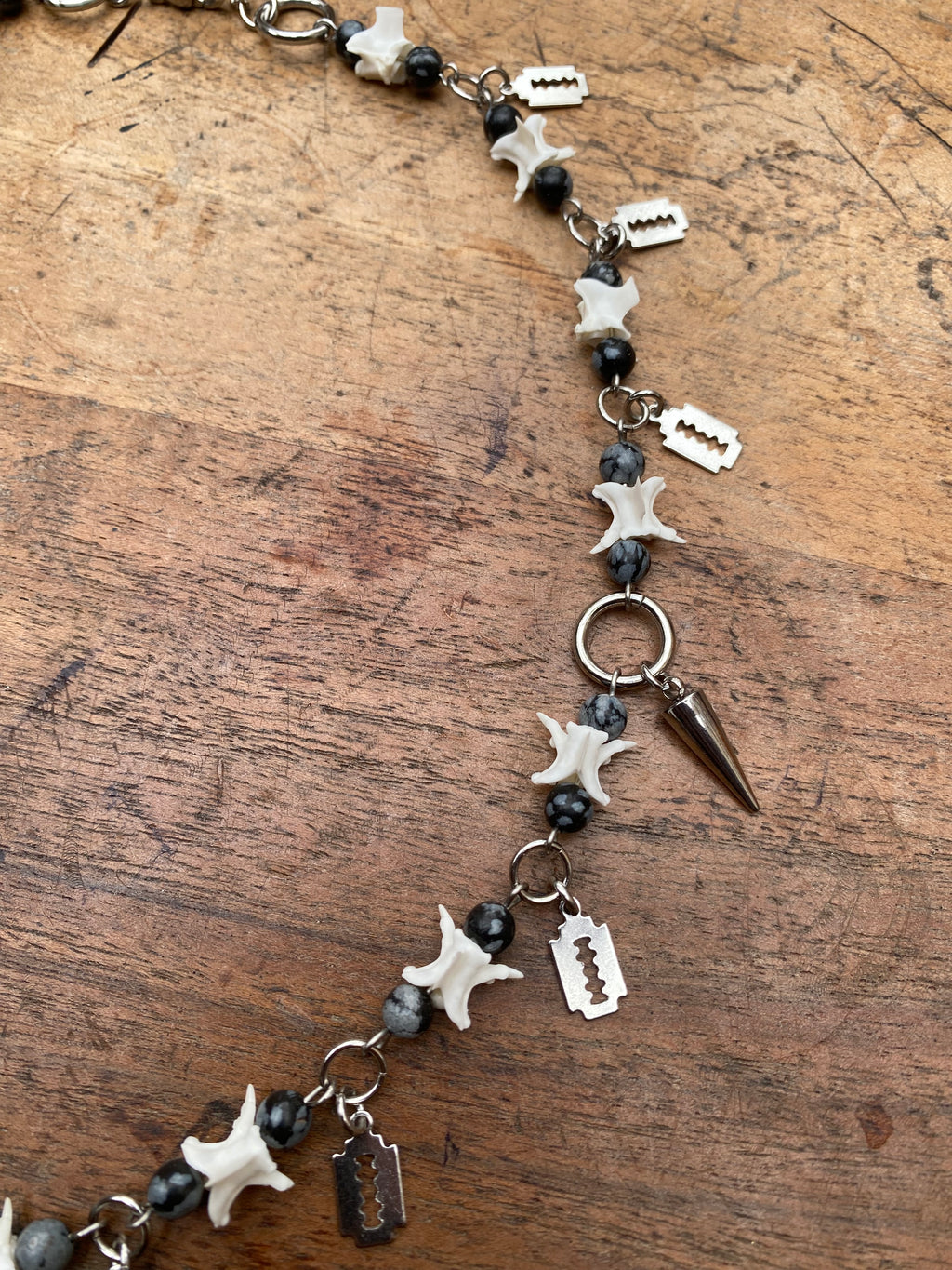 Inverted Crucifix, Snake Vertibrae and Obsidian Rosary Necklace
