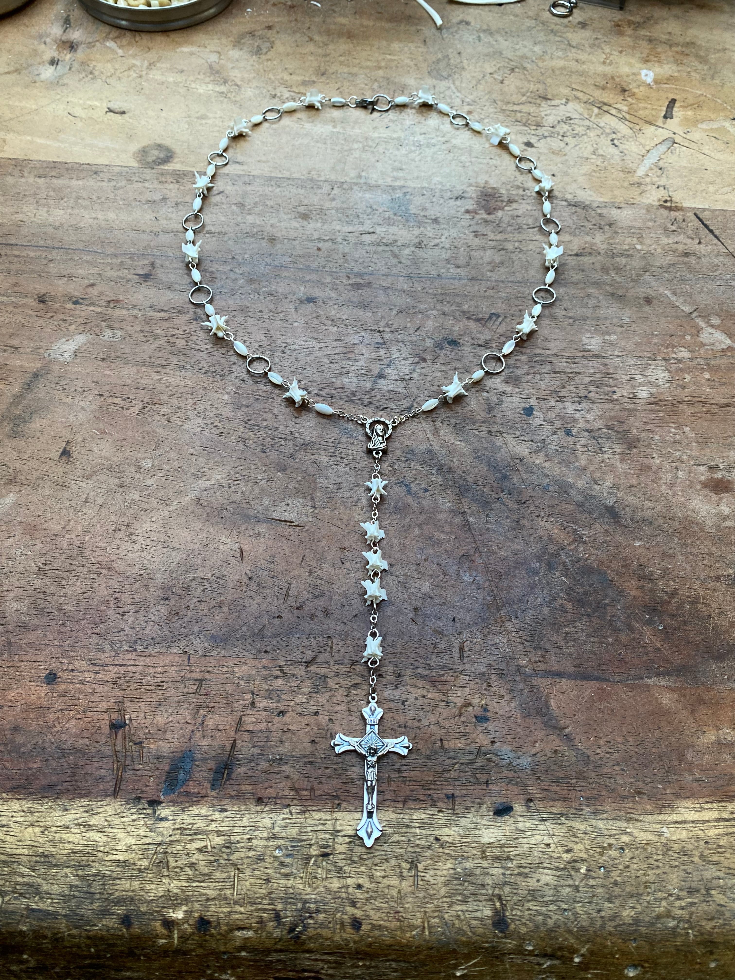 Snake Vertebrae and Mother of Pearl Rosary Necklace