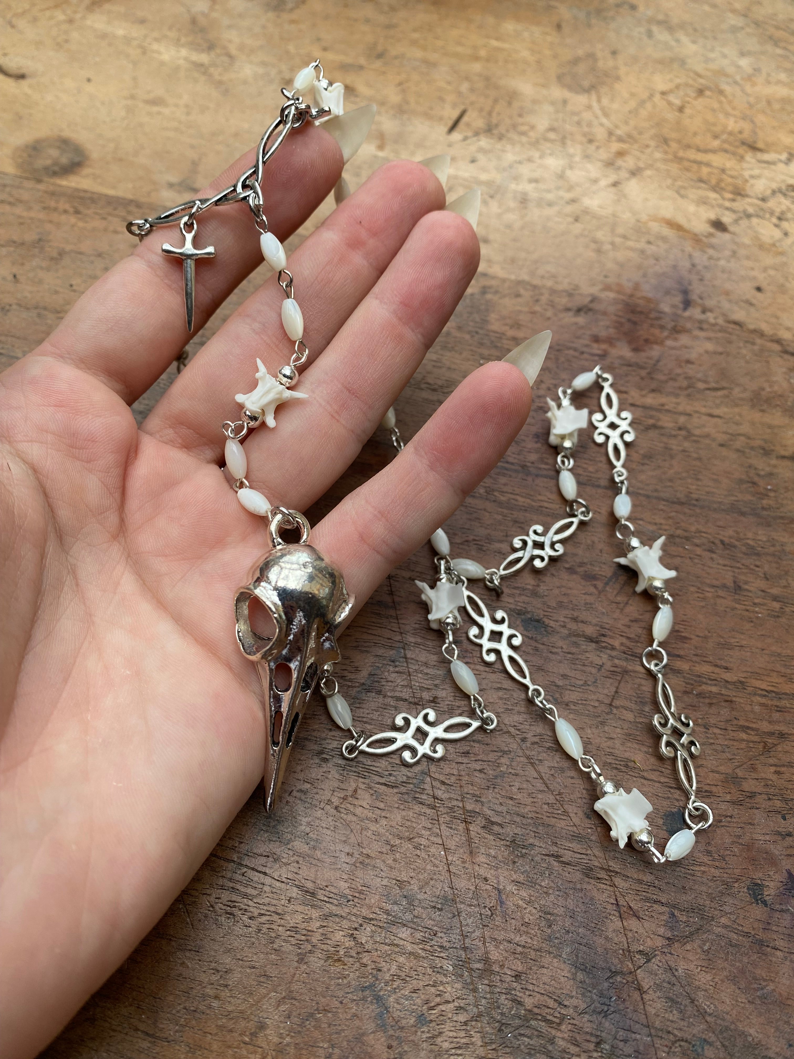 Rattle Snake Vertibrae and Crow Skull Rosary Necklace