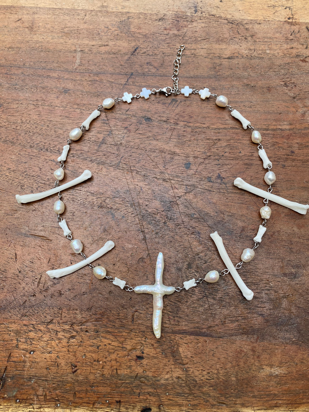 Cross Pearl and Fox Toe/Paw Bones Necklace