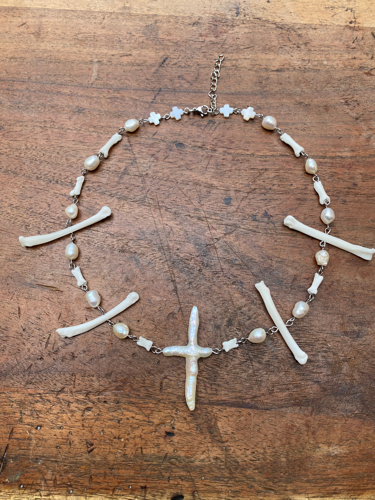 Cross Pearl and Fox Toe/Paw Bones Necklace