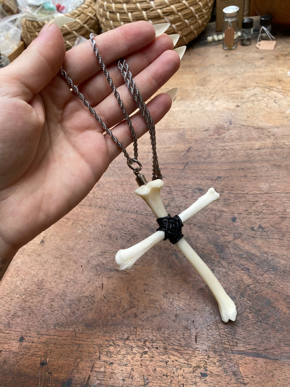 Fox Bone Cross with Secret Glass Vial Stainless Steel Necklace