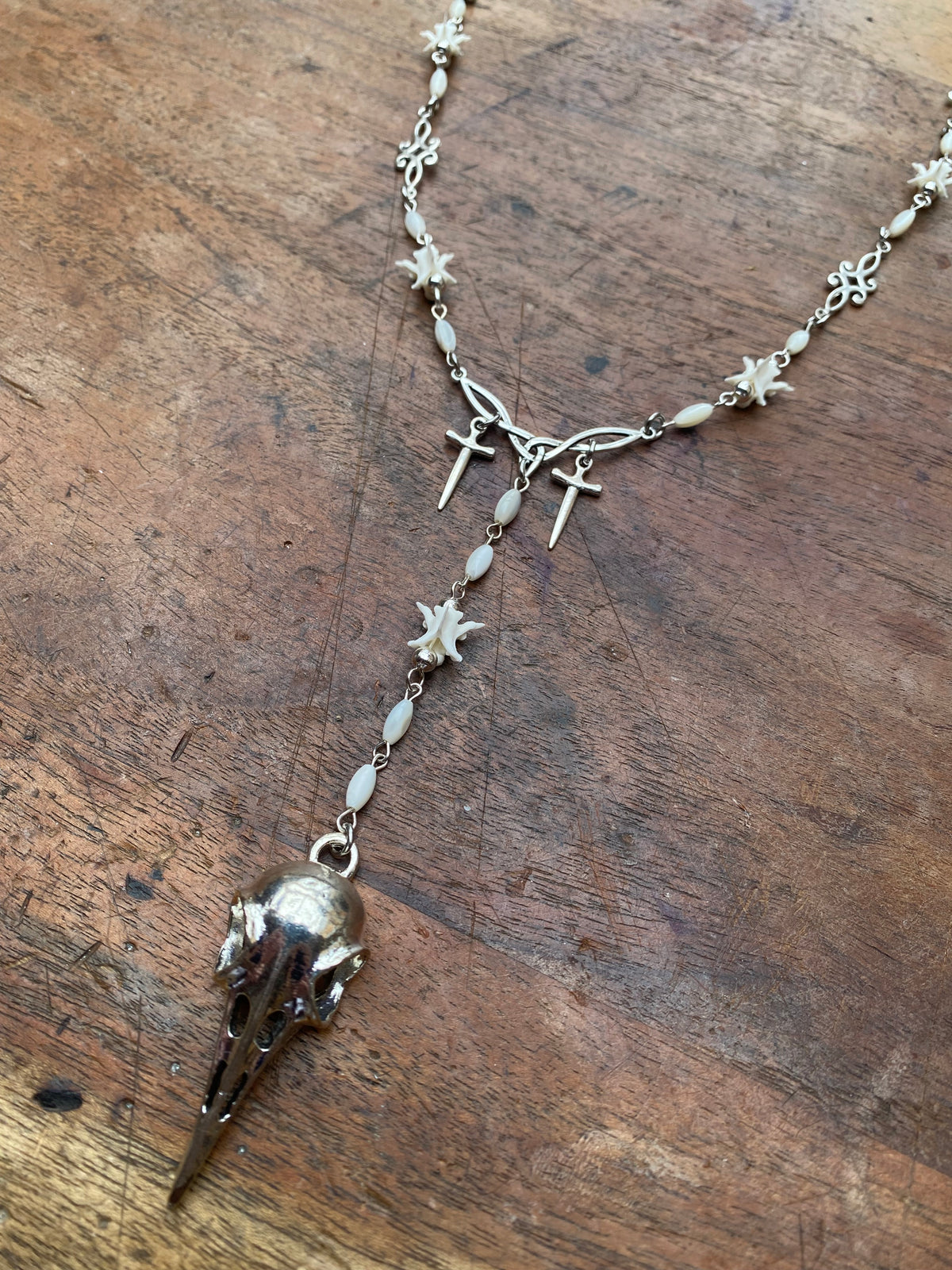 Rattle Snake Vertibrae and Crow Skull Rosary Necklace