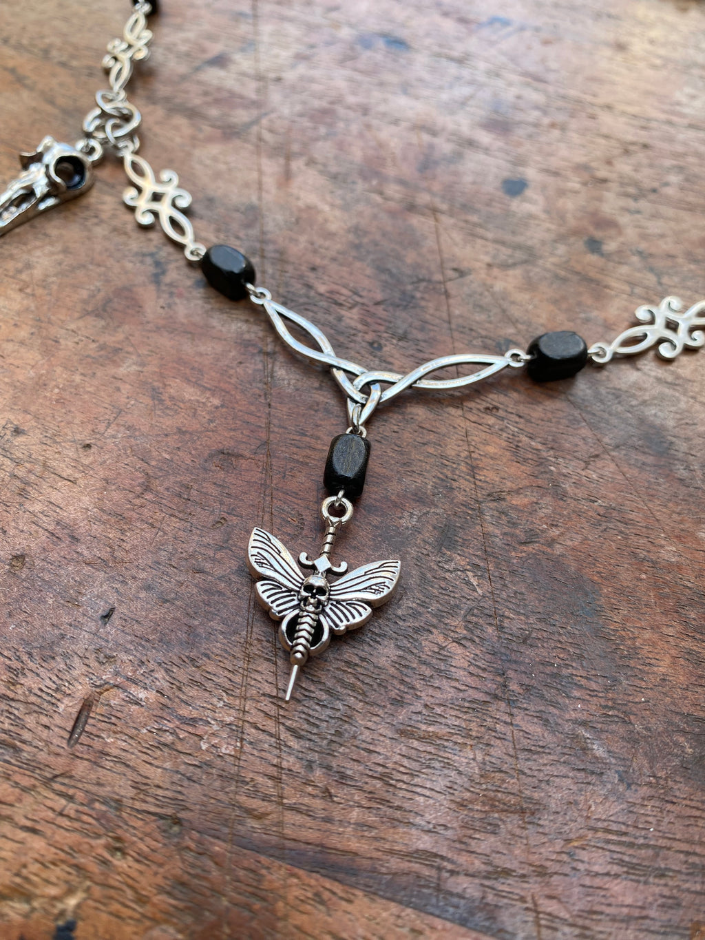 Moth, Bird Skulls and Wood Beads Necklace