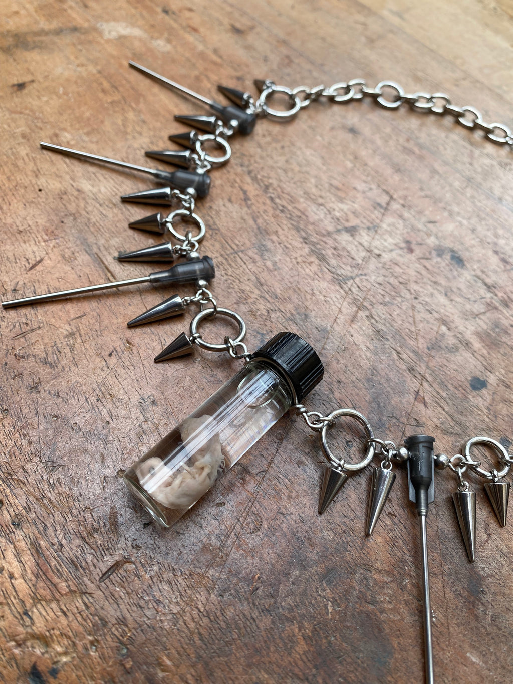 Fetal Rabbit Wet Specimen and Syringe Needles Necklace