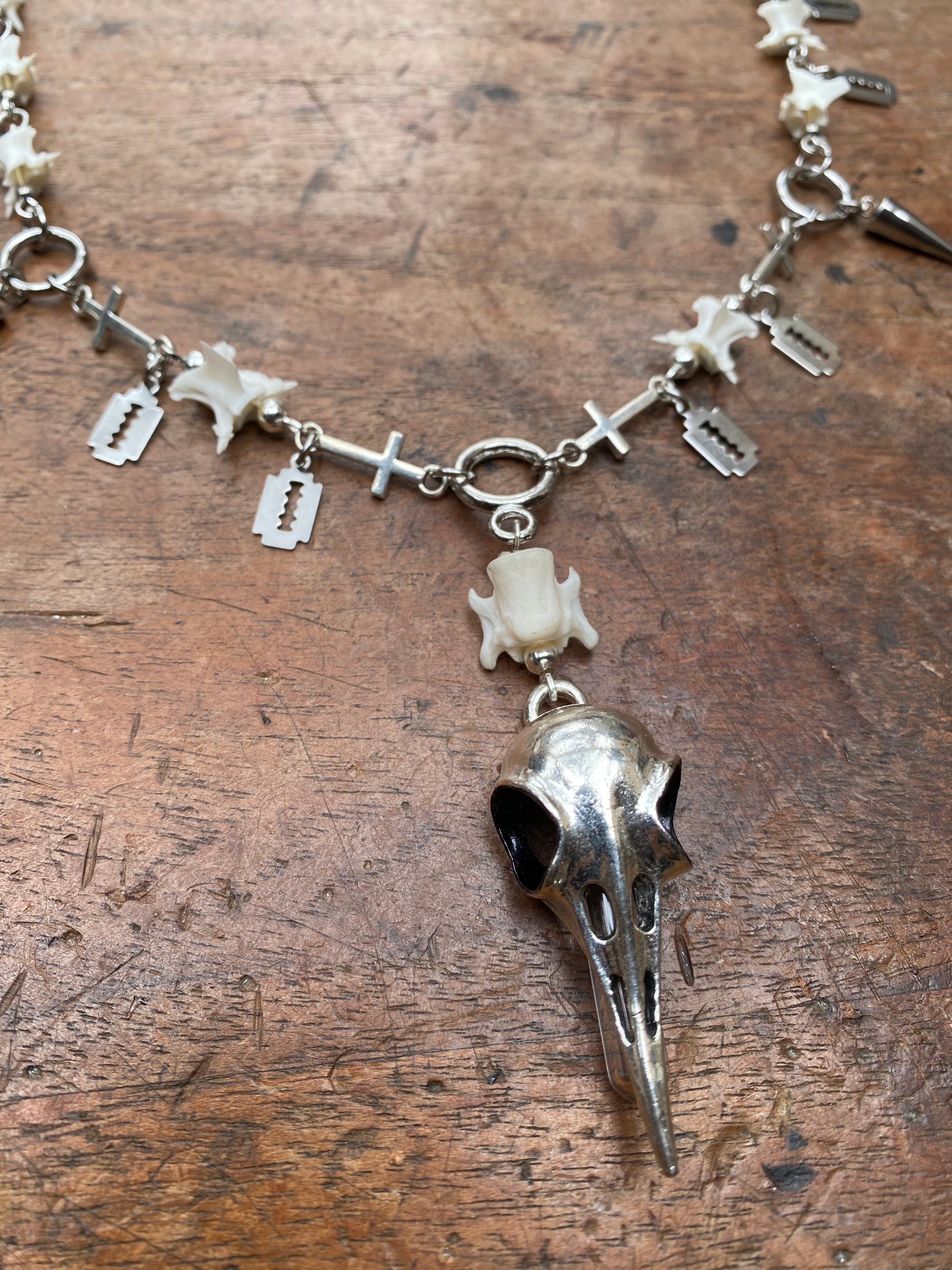 Crow Skull & Vertibrae Necklace with Openable Glass Vial