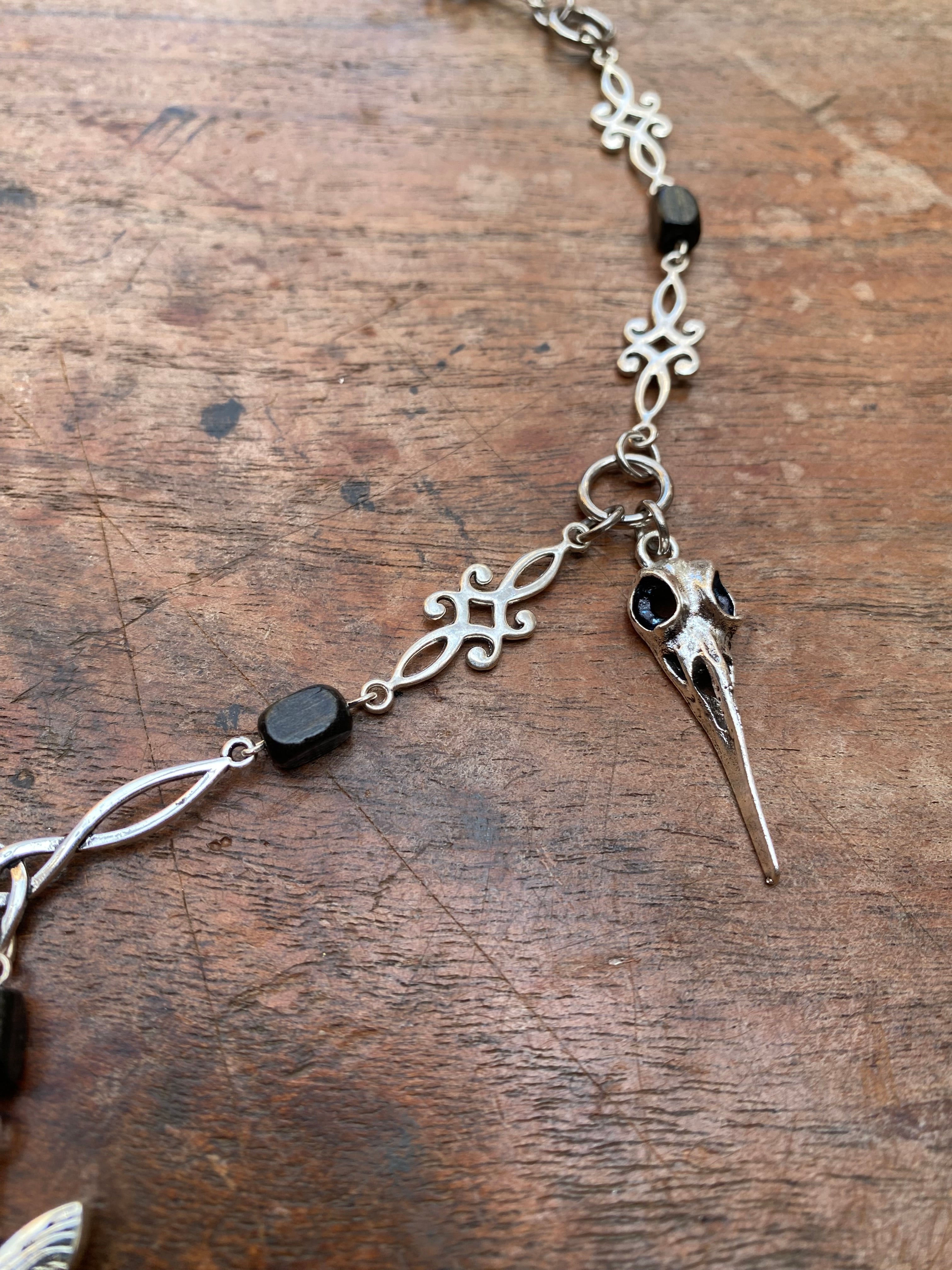 Moth, Bird Skulls and Wood Beads Necklace