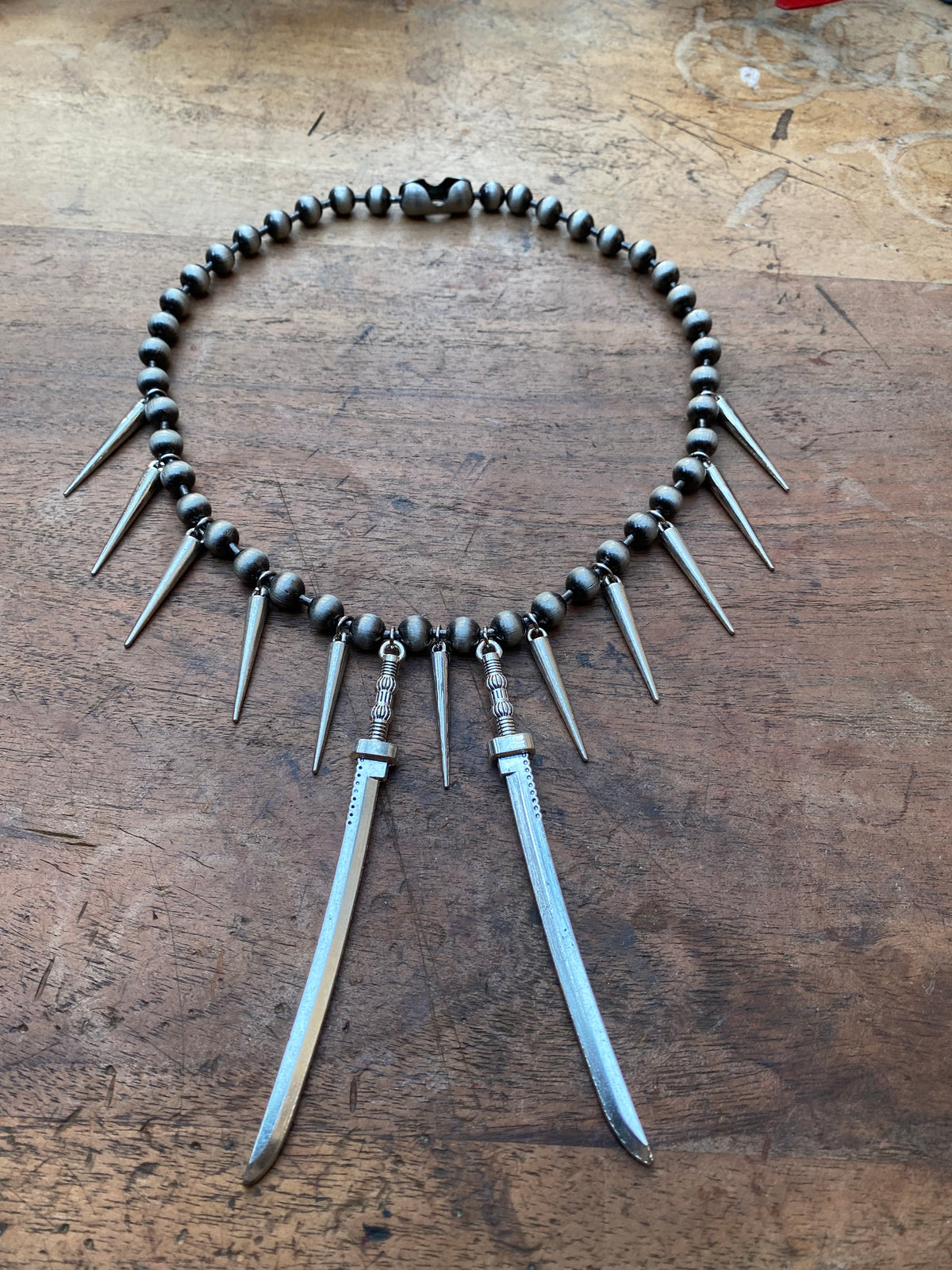 Swords and Spikes on Gunmetal Ball Chain Necklace