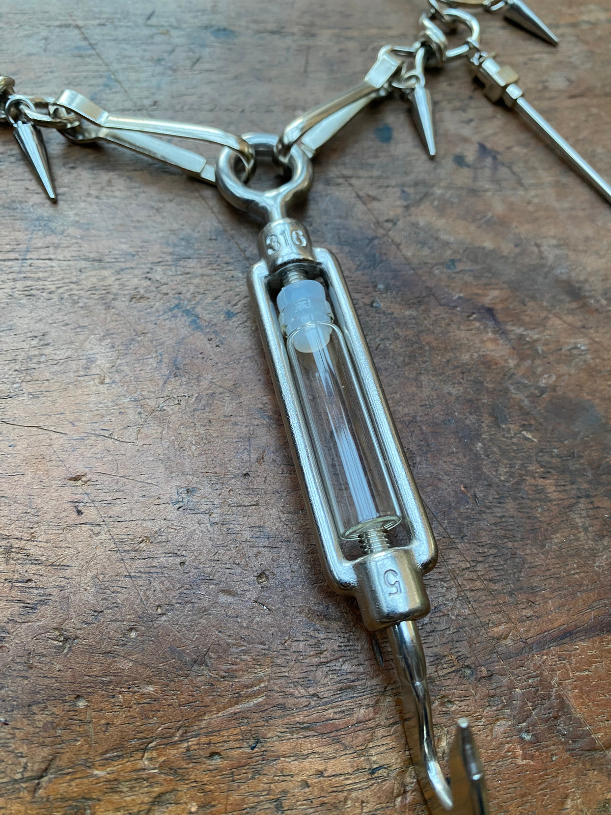 Stainless Steel Mechanical Hook, Syringe Needles and Glass Vial Necklace