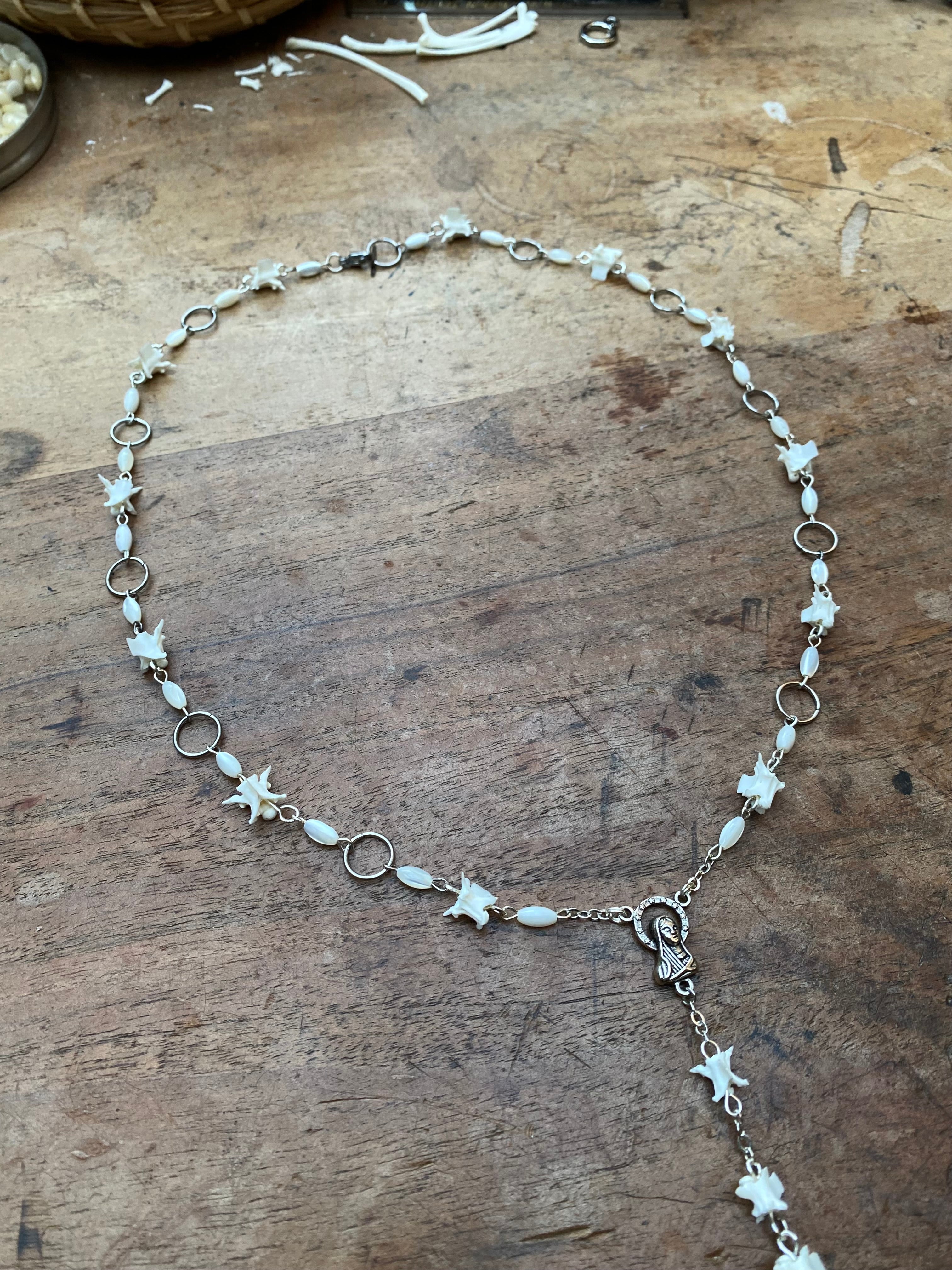 Snake Vertebrae and Mother of Pearl Rosary Necklace