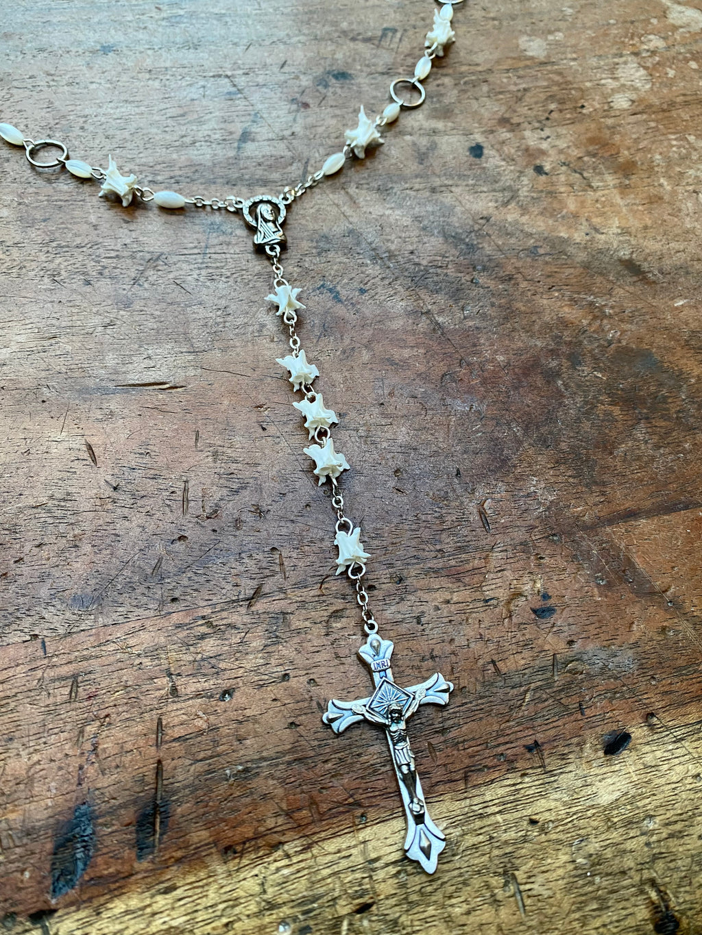 Snake Vertebrae and Mother of Pearl Rosary Necklace