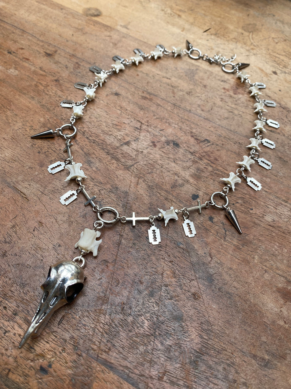 Crow Skull & Vertibrae Necklace with Openable Glass Vial