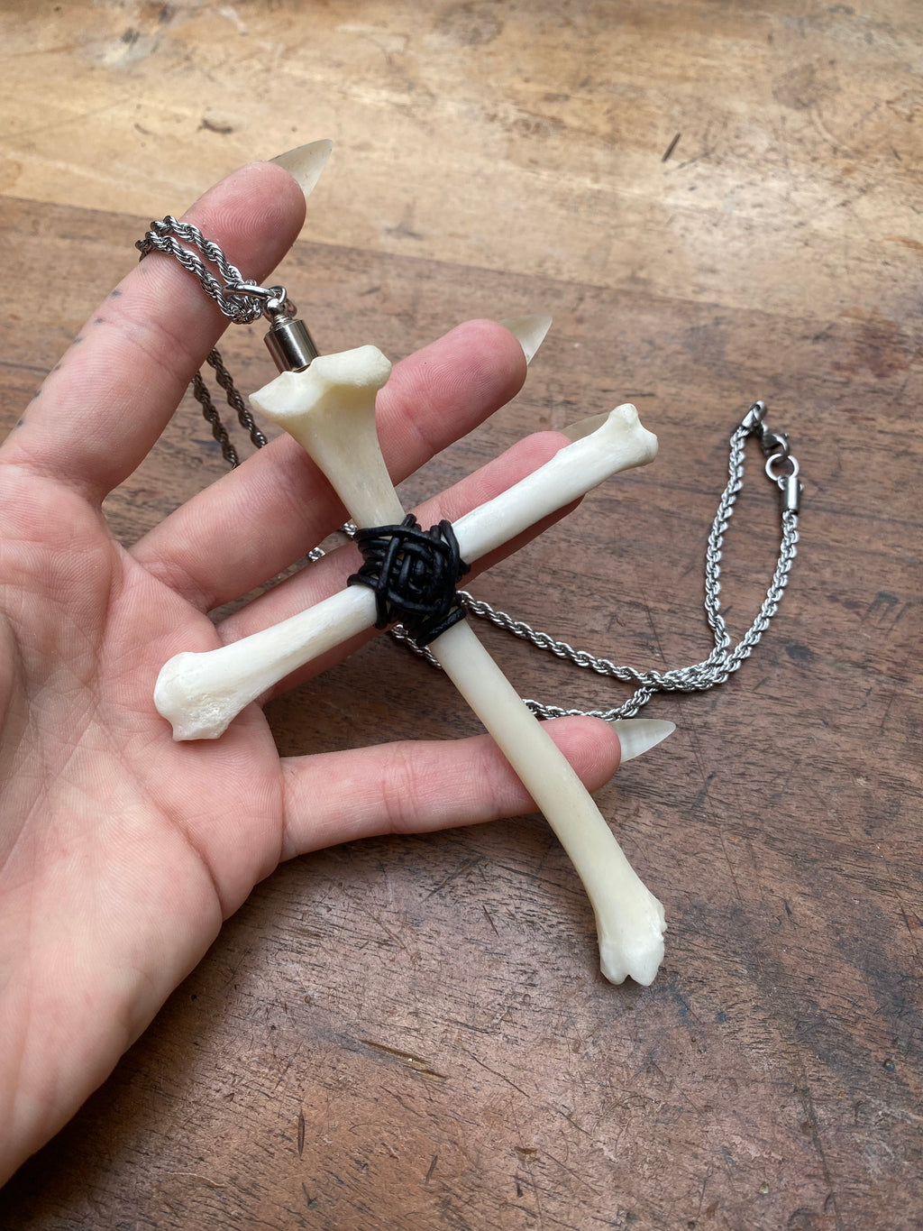 Fox Bone Cross with Secret Glass Vial Stainless Steel Necklace