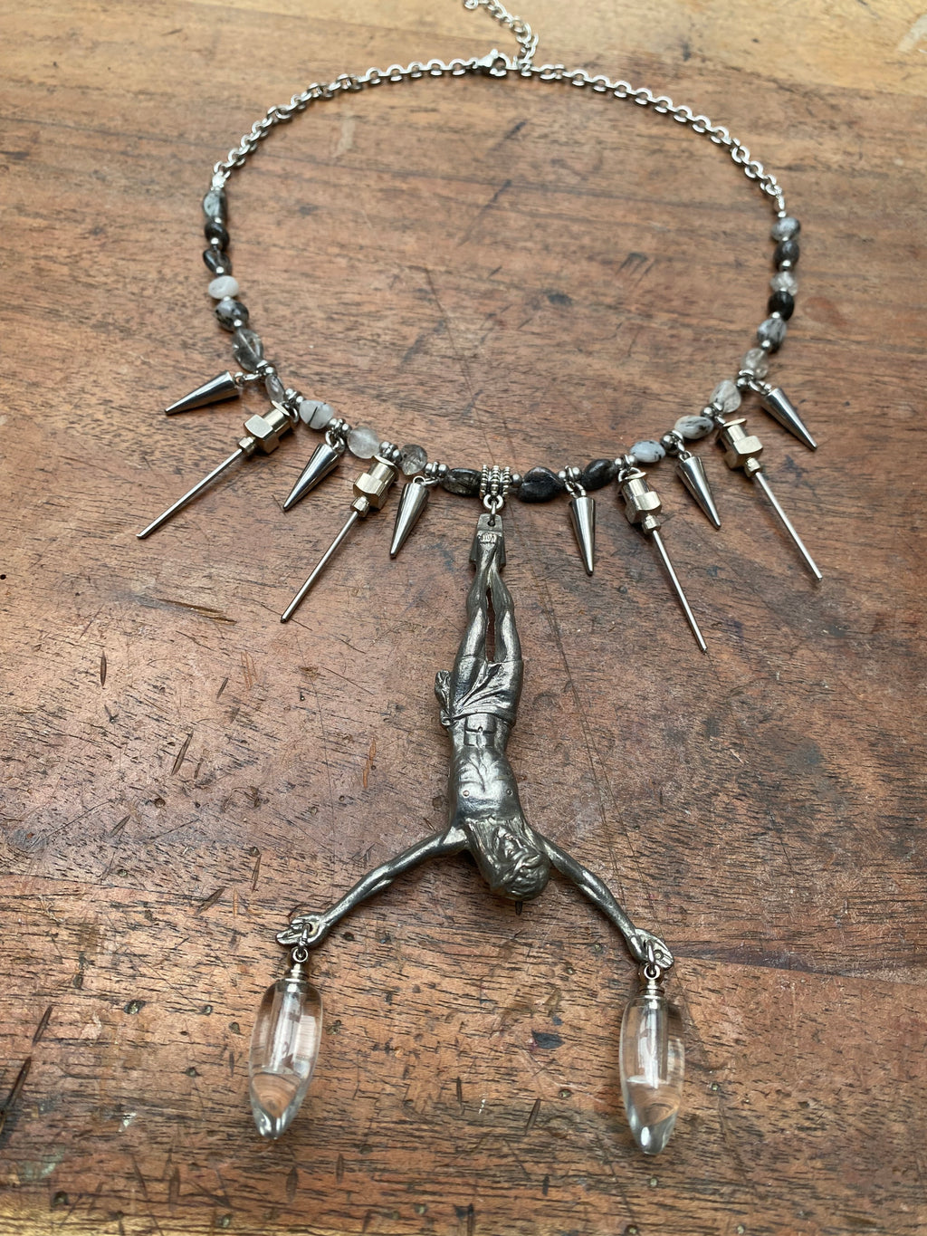 Inverted Corpus Christi, Openable Glass Vials and Ritulated Quartz Necklace