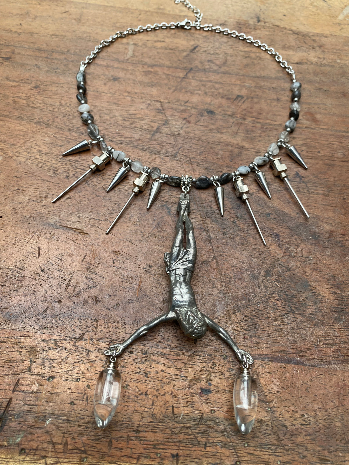 Inverted Corpus Christi, Openable Glass Vials and Ritulated Quartz Necklace