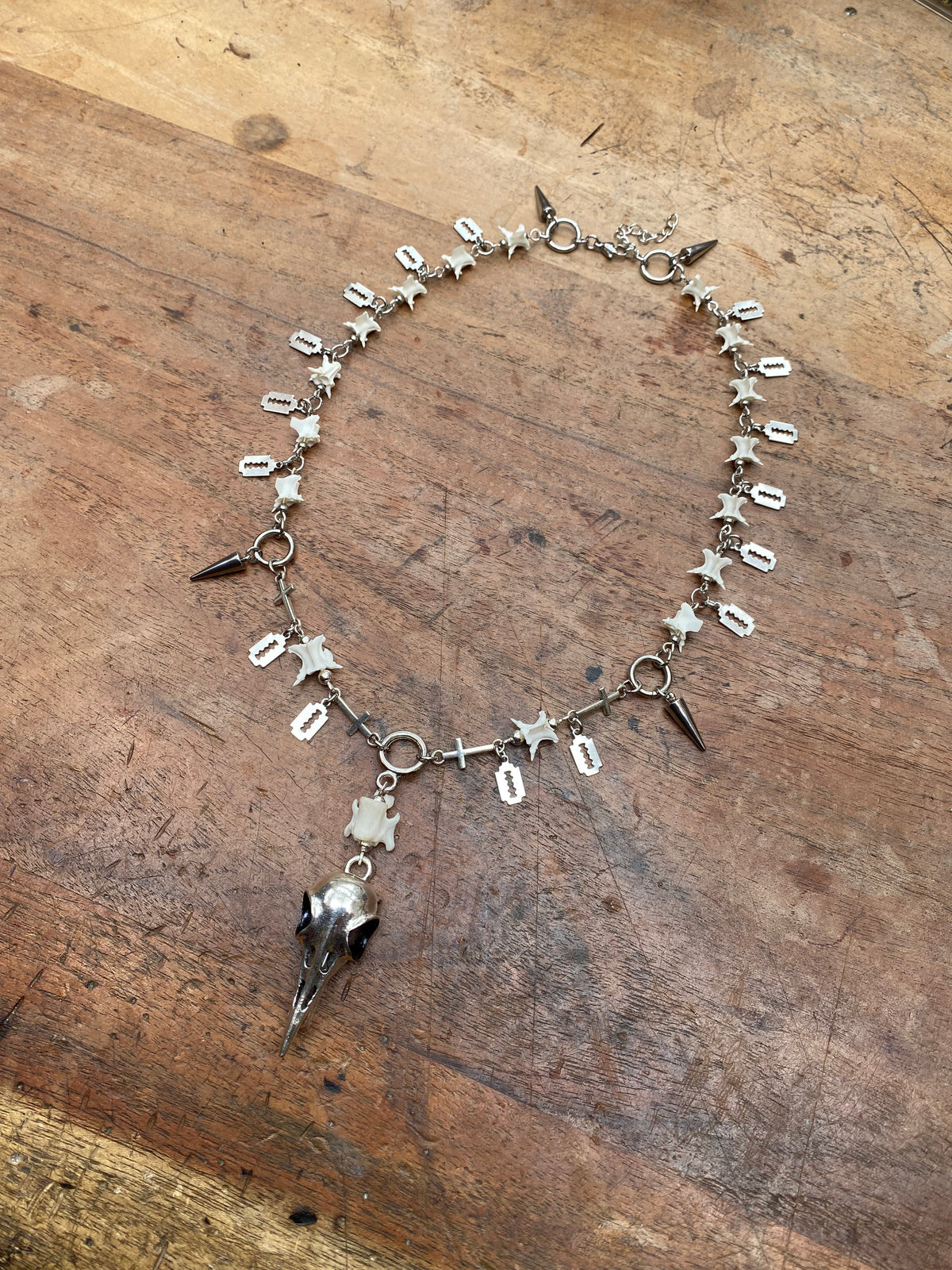 Crow Skull & Vertibrae Necklace with Openable Glass Vial