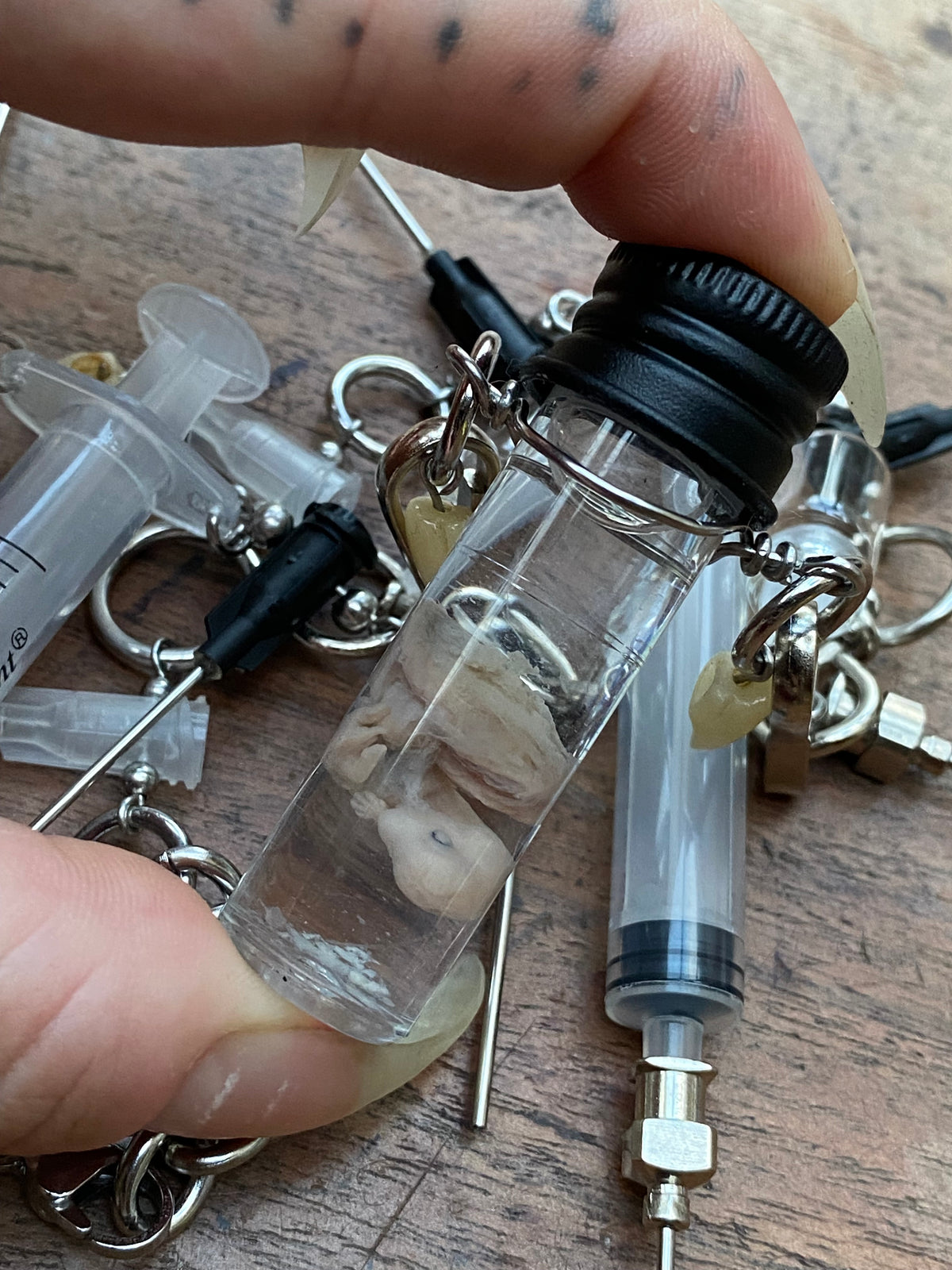 Fetal Rabbit Wet Specimen, Vials, Syringes and Teeth Necklace