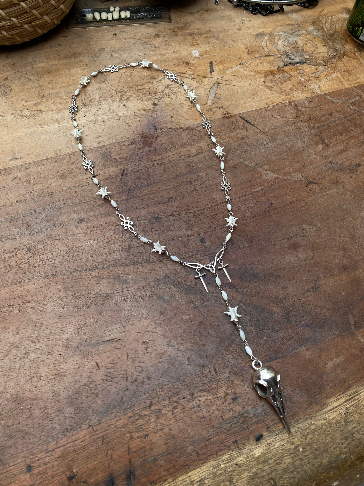 Rattle Snake Vertibrae and Crow Skull Rosary Necklace