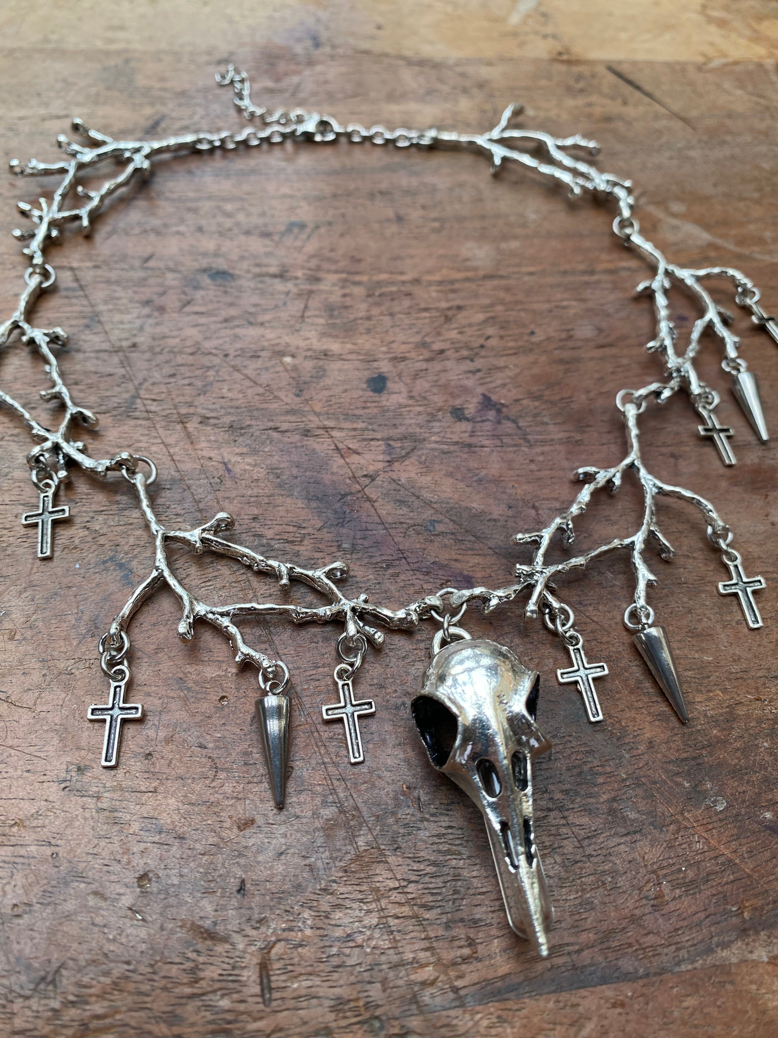 Tree Braches and Crow Skull with Openable Vial Necklace