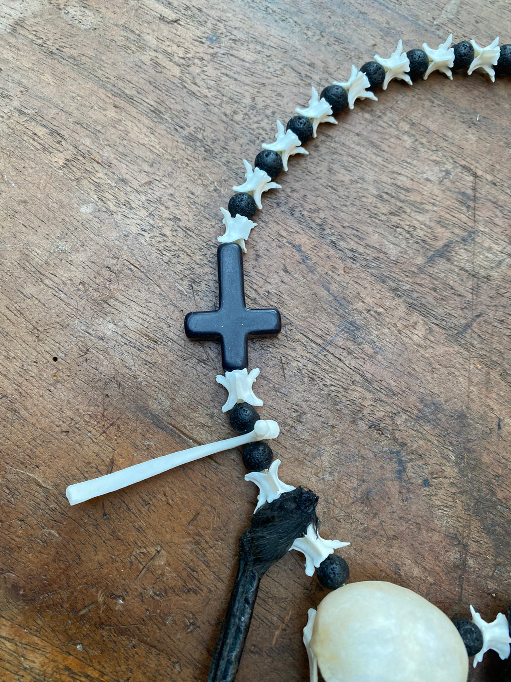 Crow Skull and Feet Necklace with Snake Vertibrae and Lava Rock