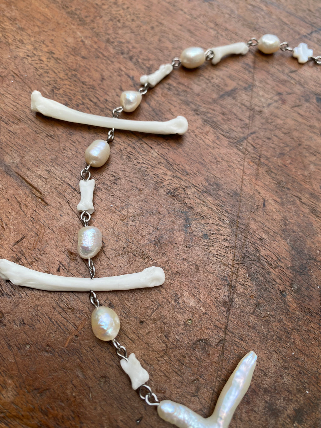 Cross Pearl and Fox Toe/Paw Bones Necklace