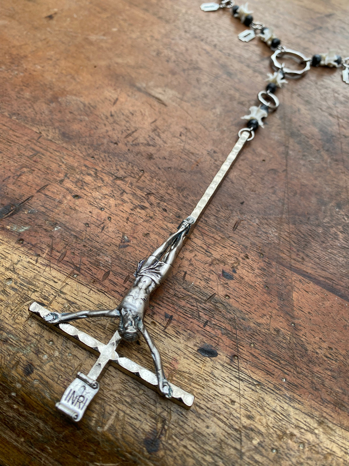 Inverted Crucifix, Snake Vertibrae and Obsidian Rosary Necklace