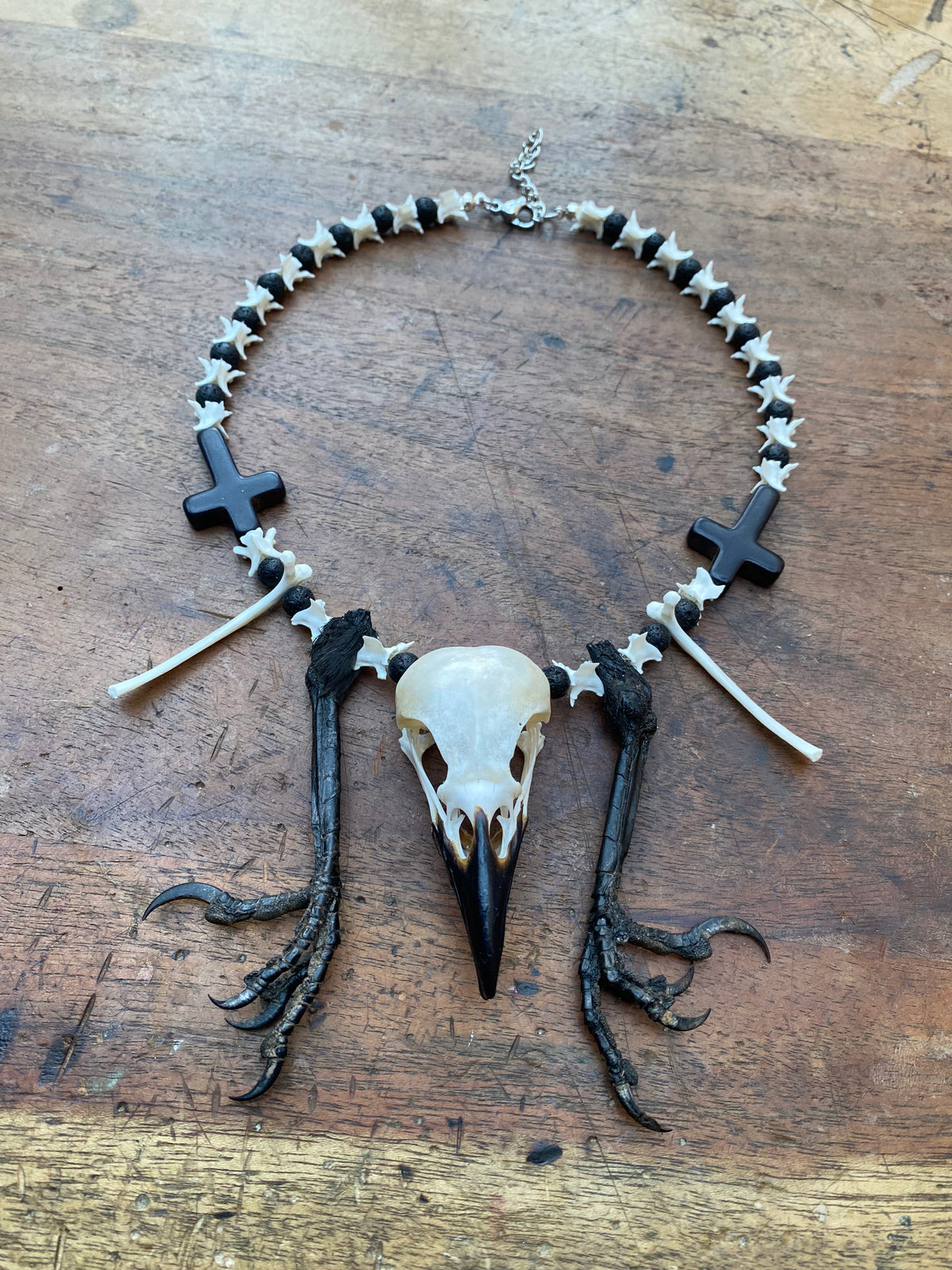 Crow Skull and Feet Necklace with Snake Vertibrae and Lava Rock