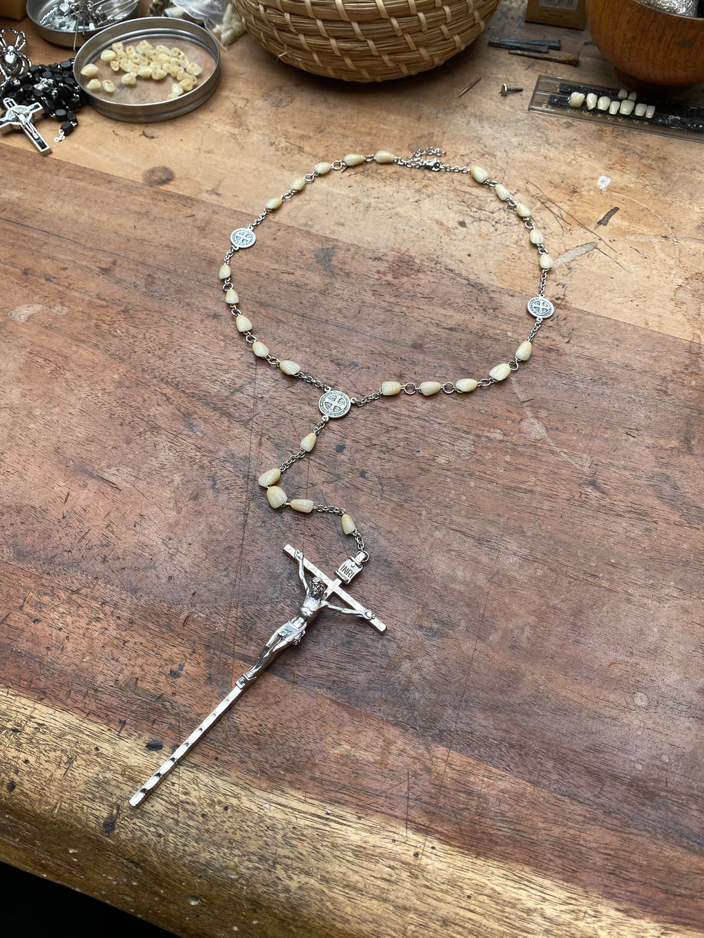 Antique Porcelain Teeth and Crucifix Rosary Necklace