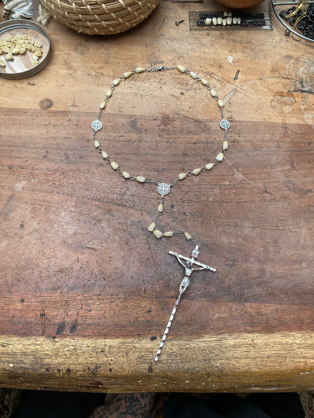Antique Porcelain Teeth and Crucifix Rosary Necklace