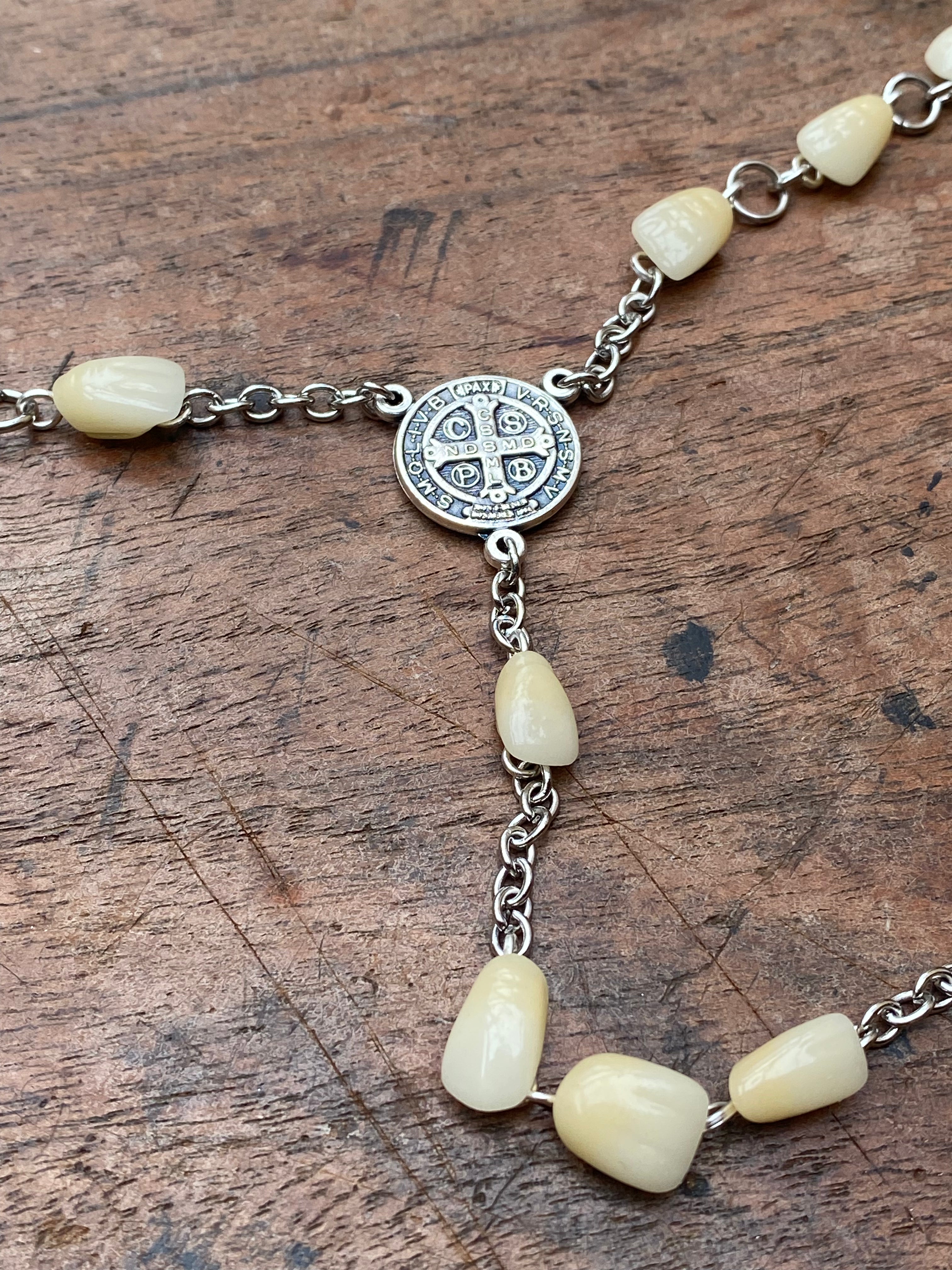 Antique Porcelain Teeth and Crucifix Rosary Necklace